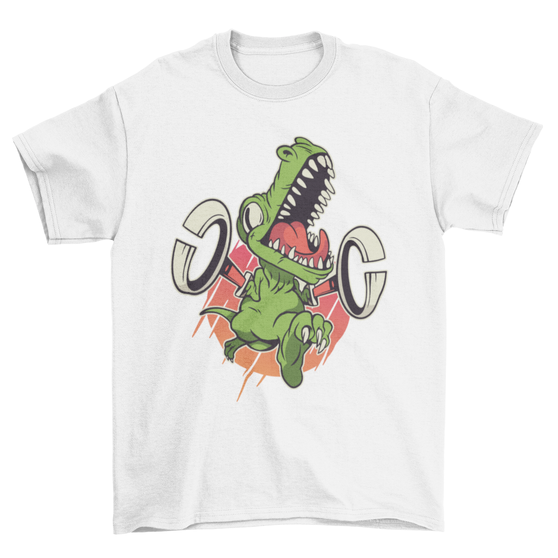 A colorful cartoon-style t-shirt featuring a T-rex with grabbers, perfect for dinosaur enthusiasts.