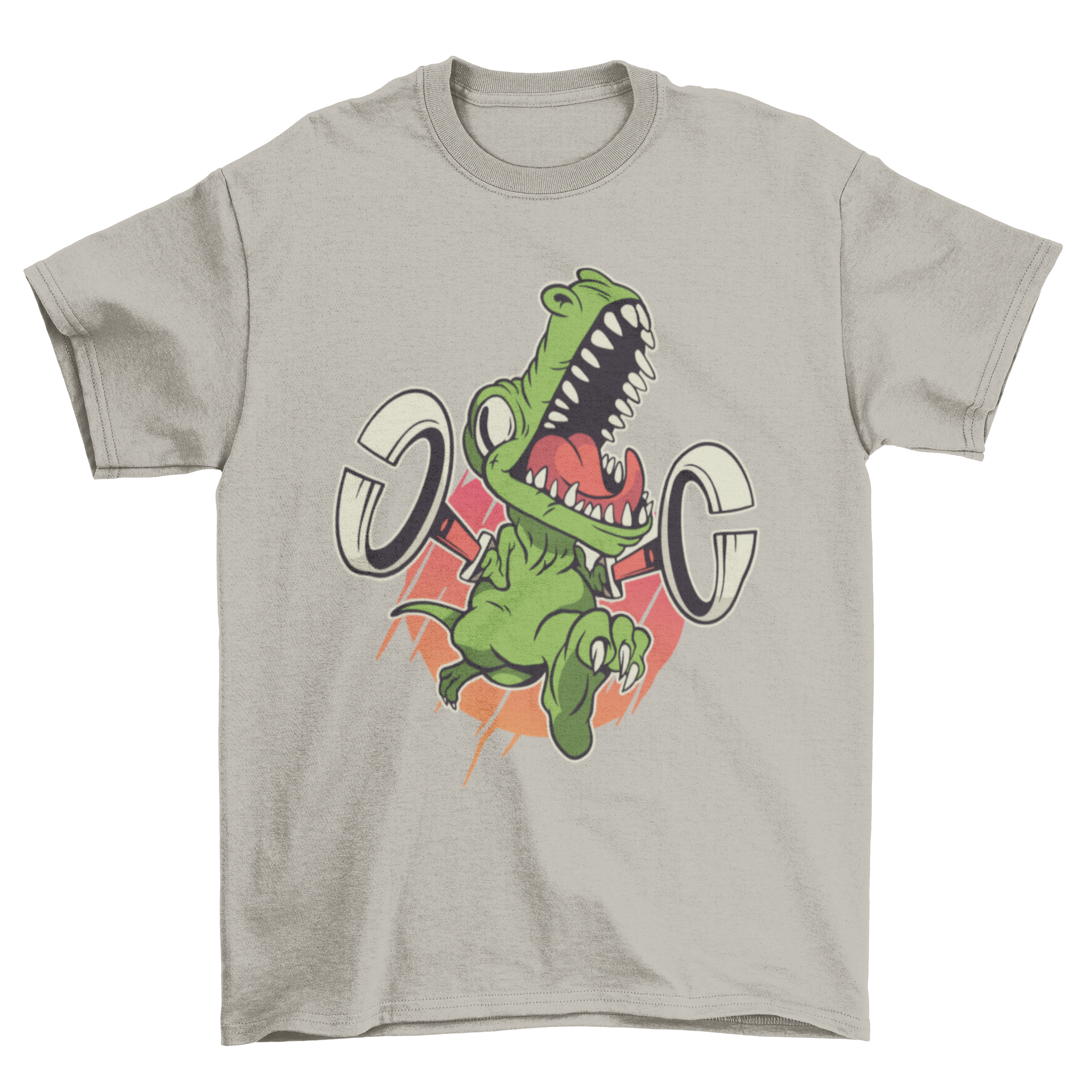 A colorful cartoon-style t-shirt featuring a T-rex with grabbers, perfect for dinosaur enthusiasts.
