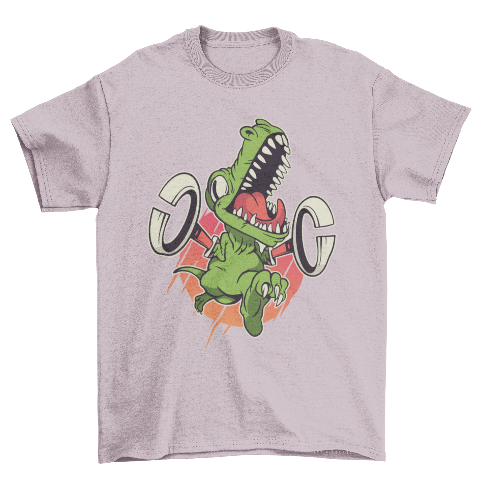 A colorful cartoon-style t-shirt featuring a T-rex with grabbers, perfect for dinosaur enthusiasts.