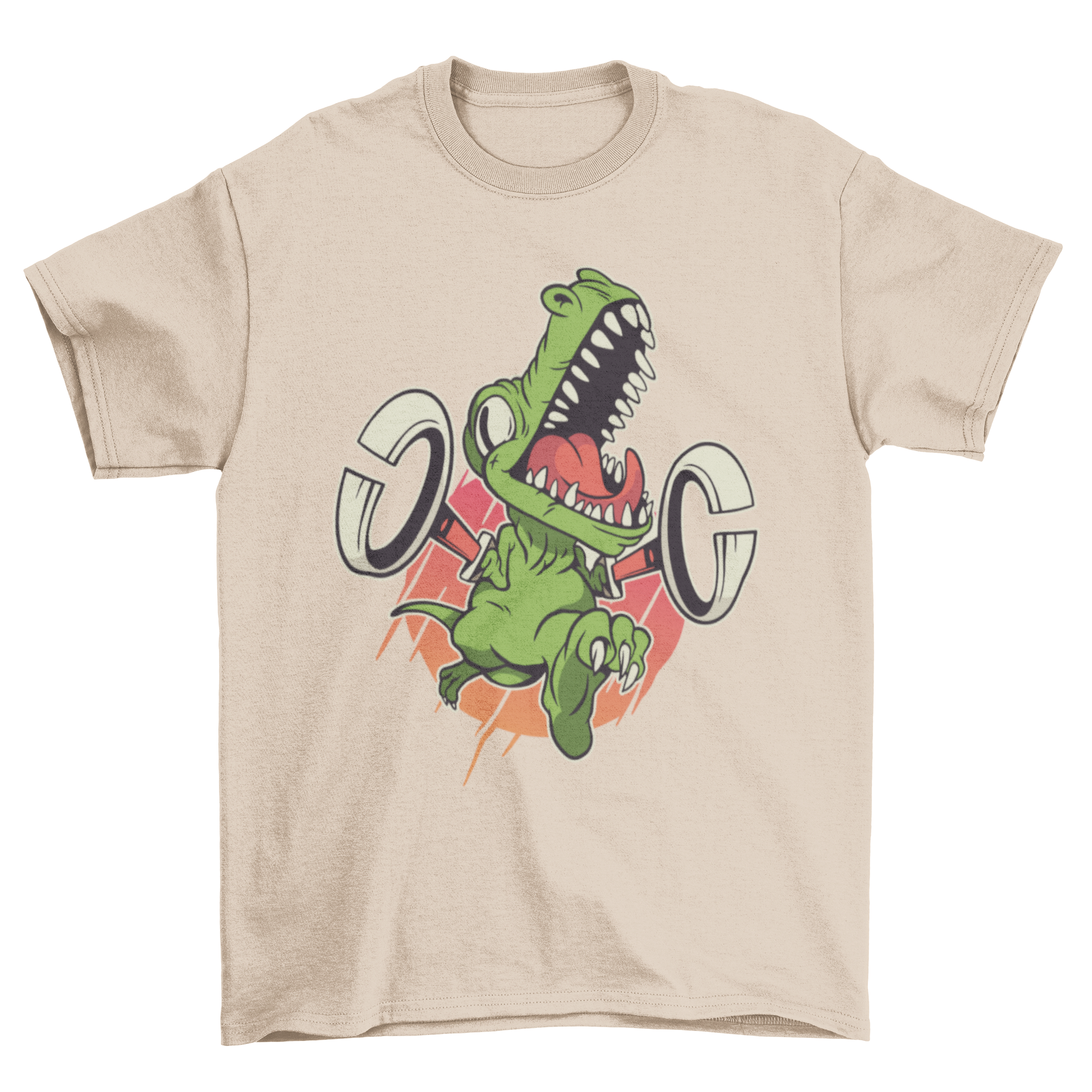 A colorful cartoon-style t-shirt featuring a T-rex with grabbers, perfect for dinosaur enthusiasts.