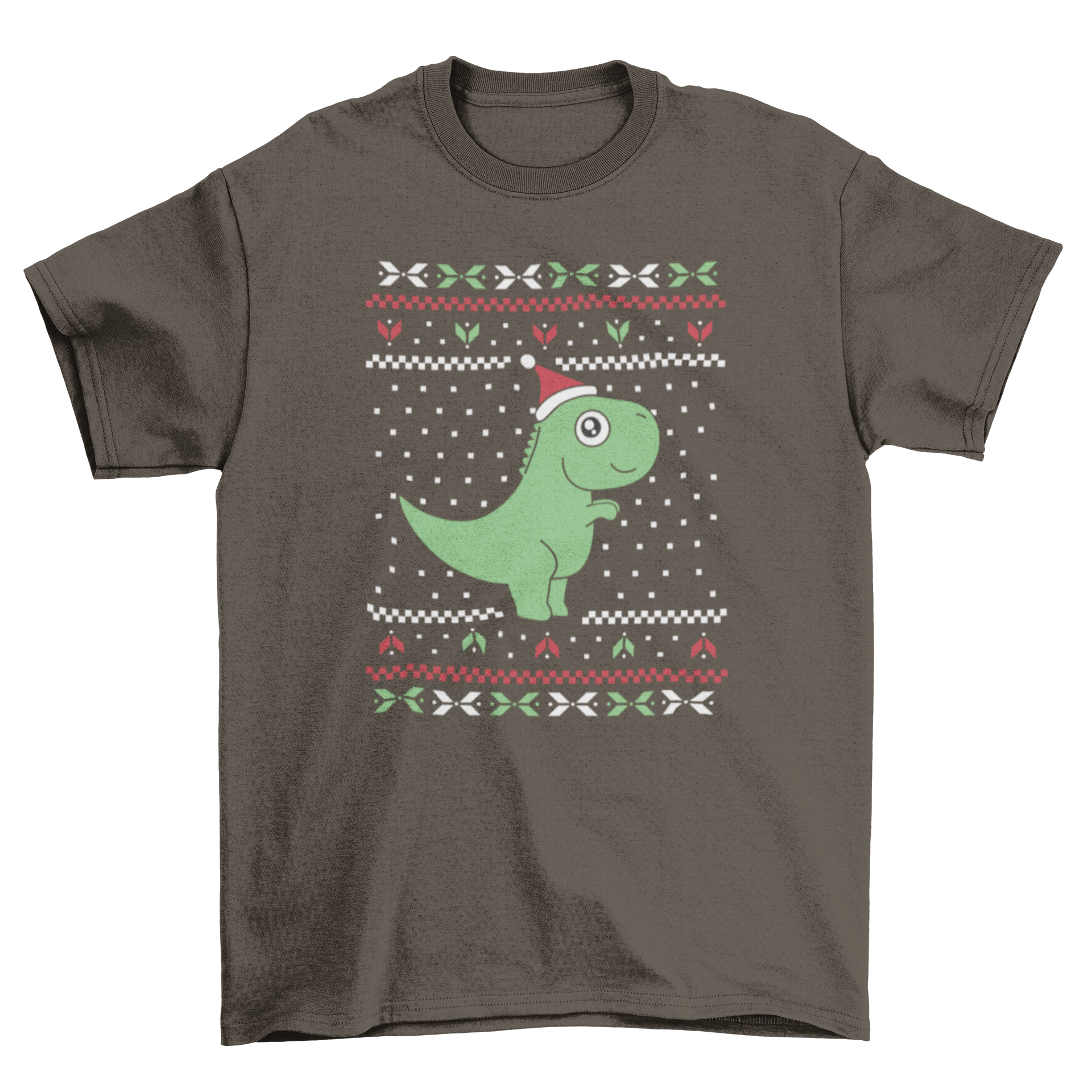 A playful T-rex wearing a Christmas hat on a festive ugly sweater t-shirt design.