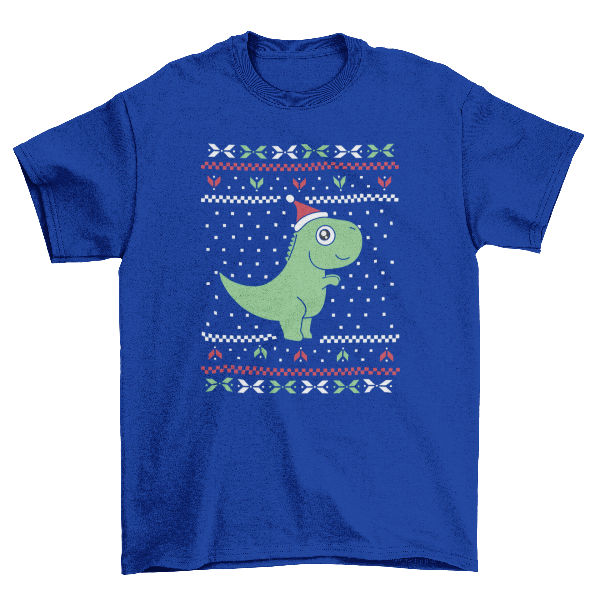 A playful T-rex wearing a Christmas hat on a festive ugly sweater t-shirt design.