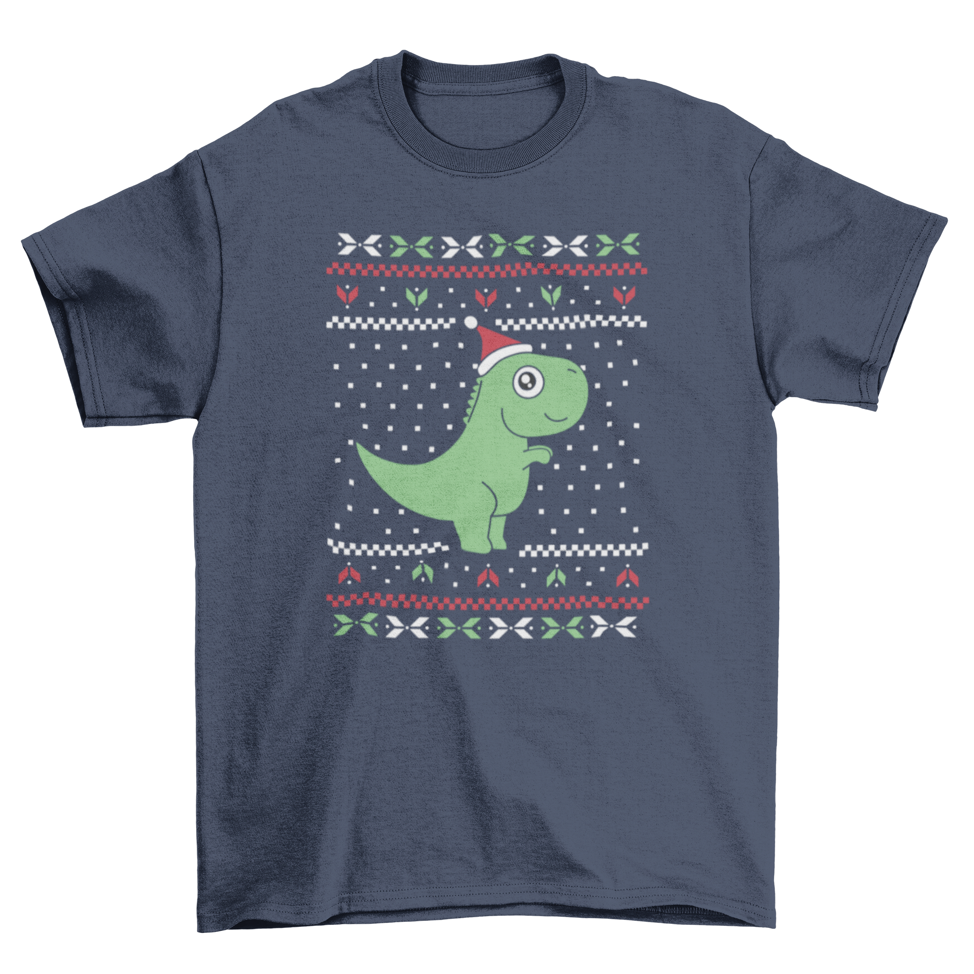 A playful T-rex wearing a Christmas hat on a festive ugly sweater t-shirt design.