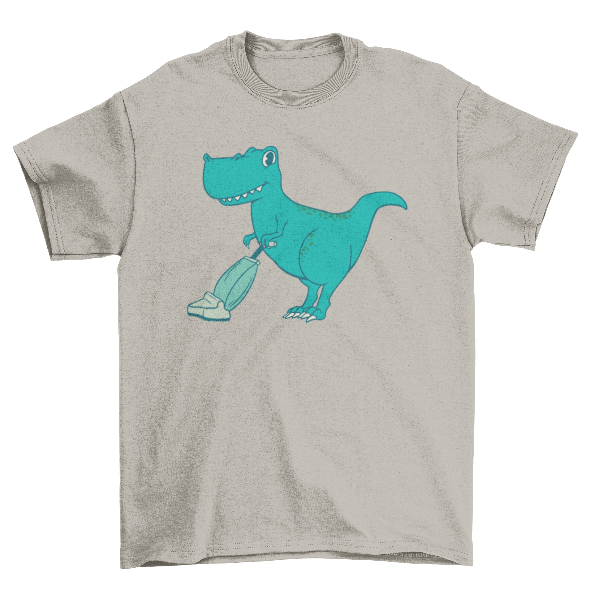 A fun t-shirt featuring a cartoon T-Rex vacuuming, showcasing vibrant colors and a humorous design.