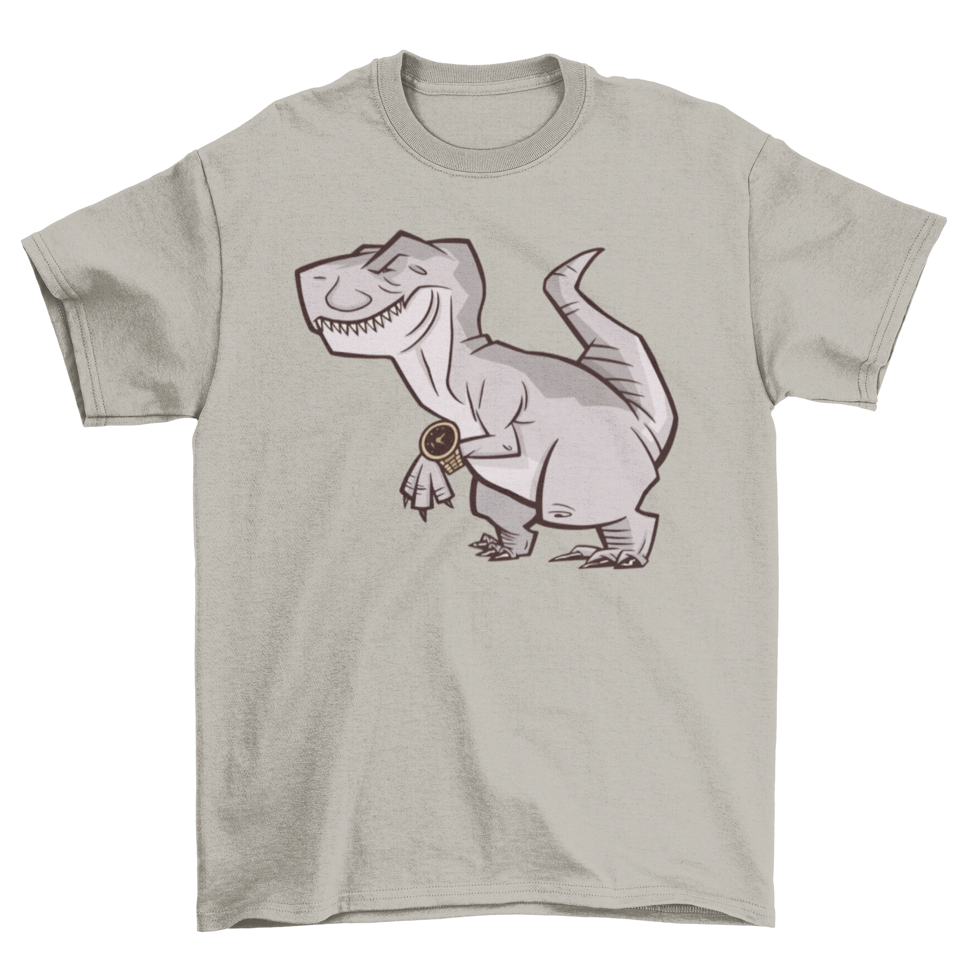 A stylish t-shirt featuring a T-Rex wearing an expensive watch, showcasing a fun and unique design.