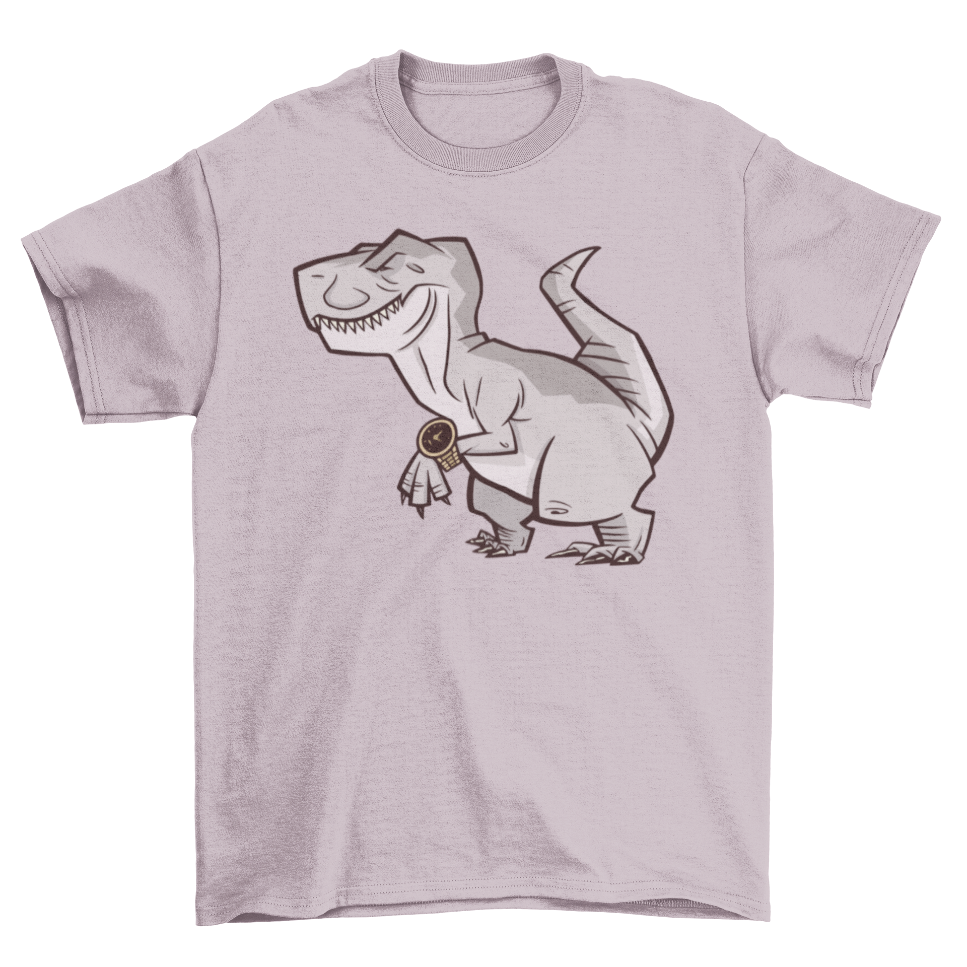 A stylish t-shirt featuring a T-Rex wearing an expensive watch, showcasing a fun and unique design.