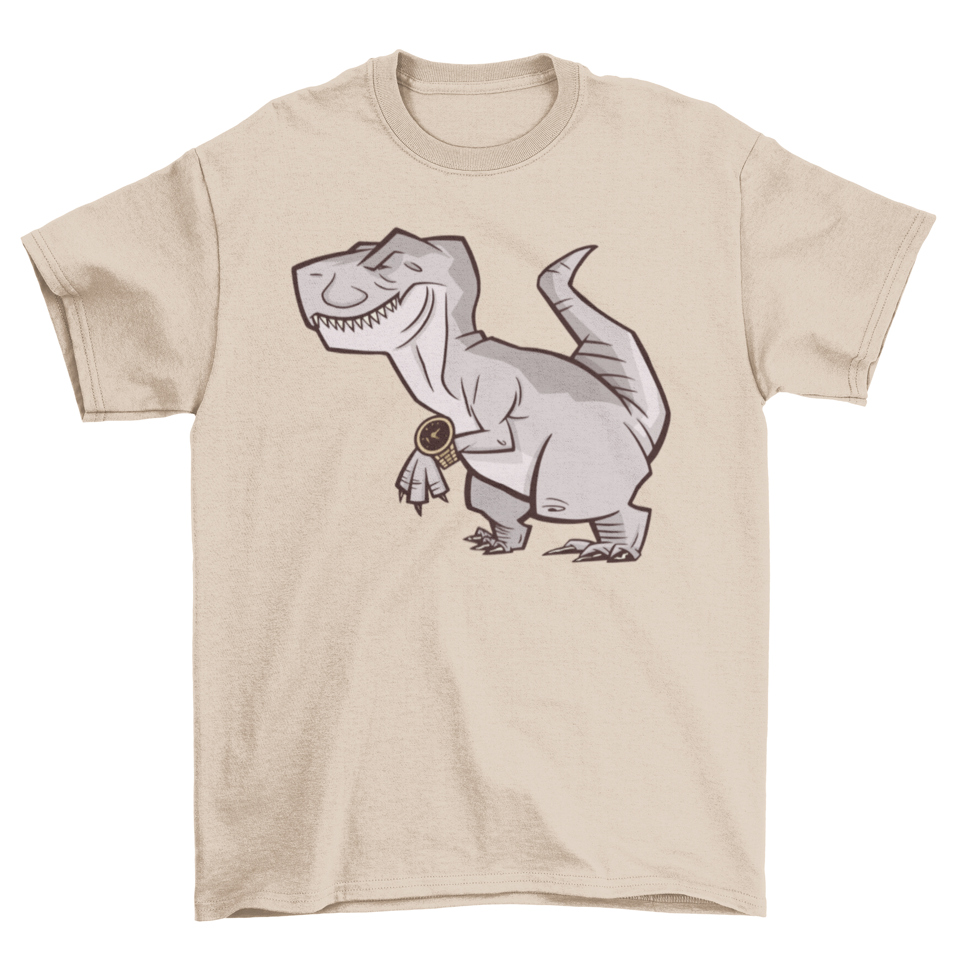 A stylish t-shirt featuring a T-Rex wearing an expensive watch, showcasing a fun and unique design.