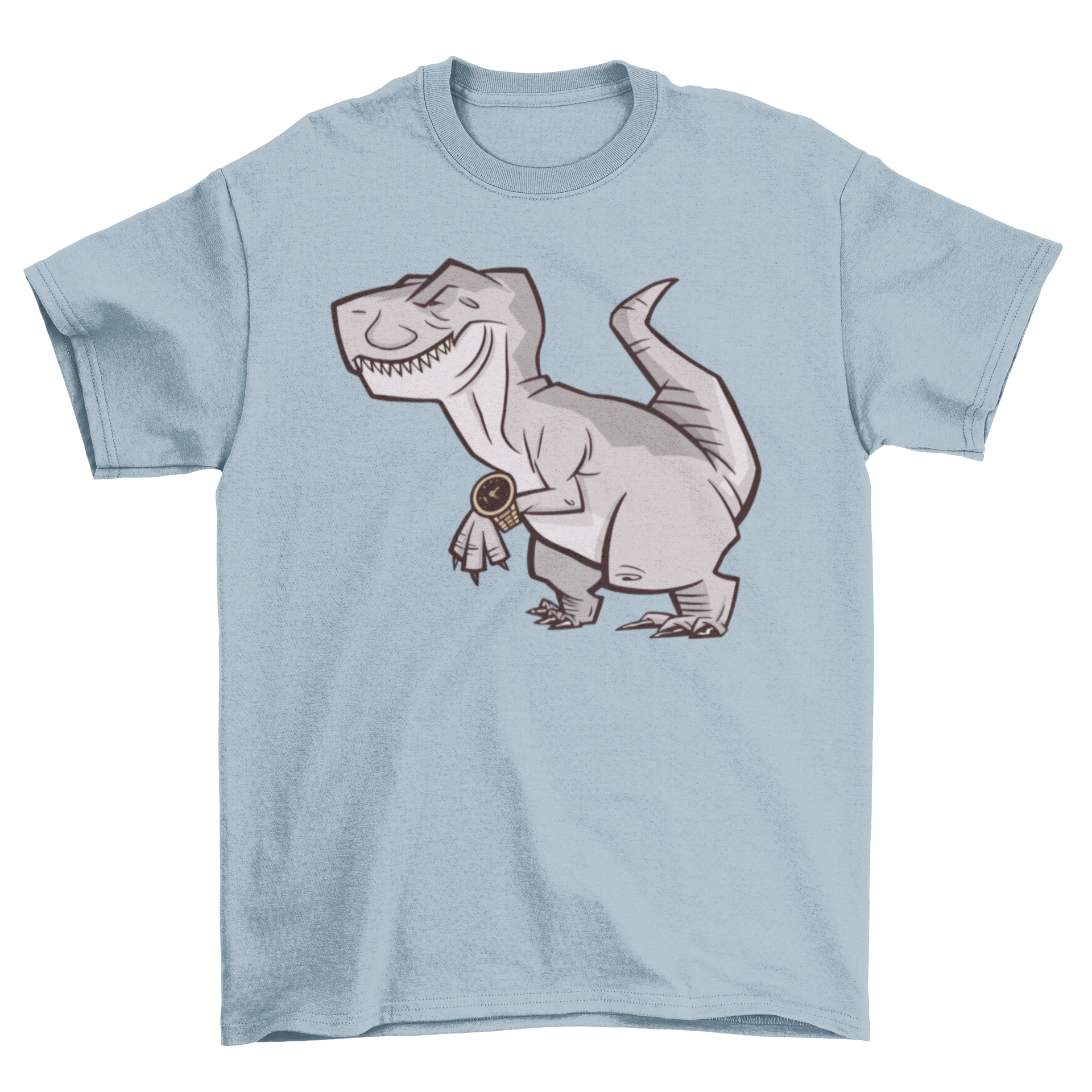 A stylish t-shirt featuring a T-Rex wearing an expensive watch, showcasing a fun and unique design.