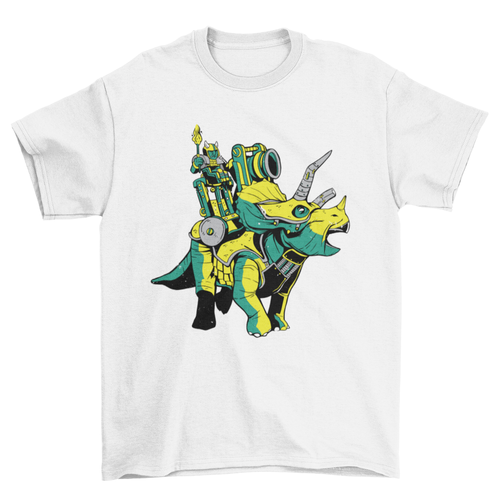 A stylish t-shirt featuring a triceratops wearing armor, showcasing a unique and eye-catching design.
