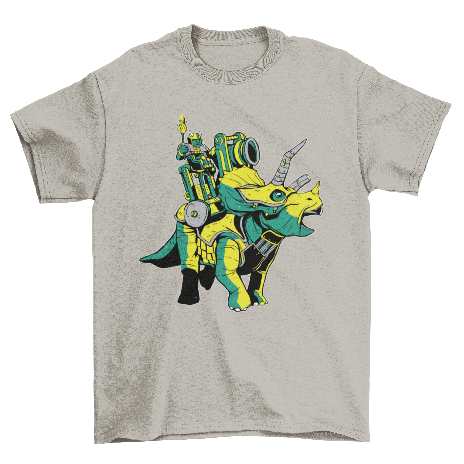 A stylish t-shirt featuring a triceratops wearing armor, showcasing a unique and eye-catching design.