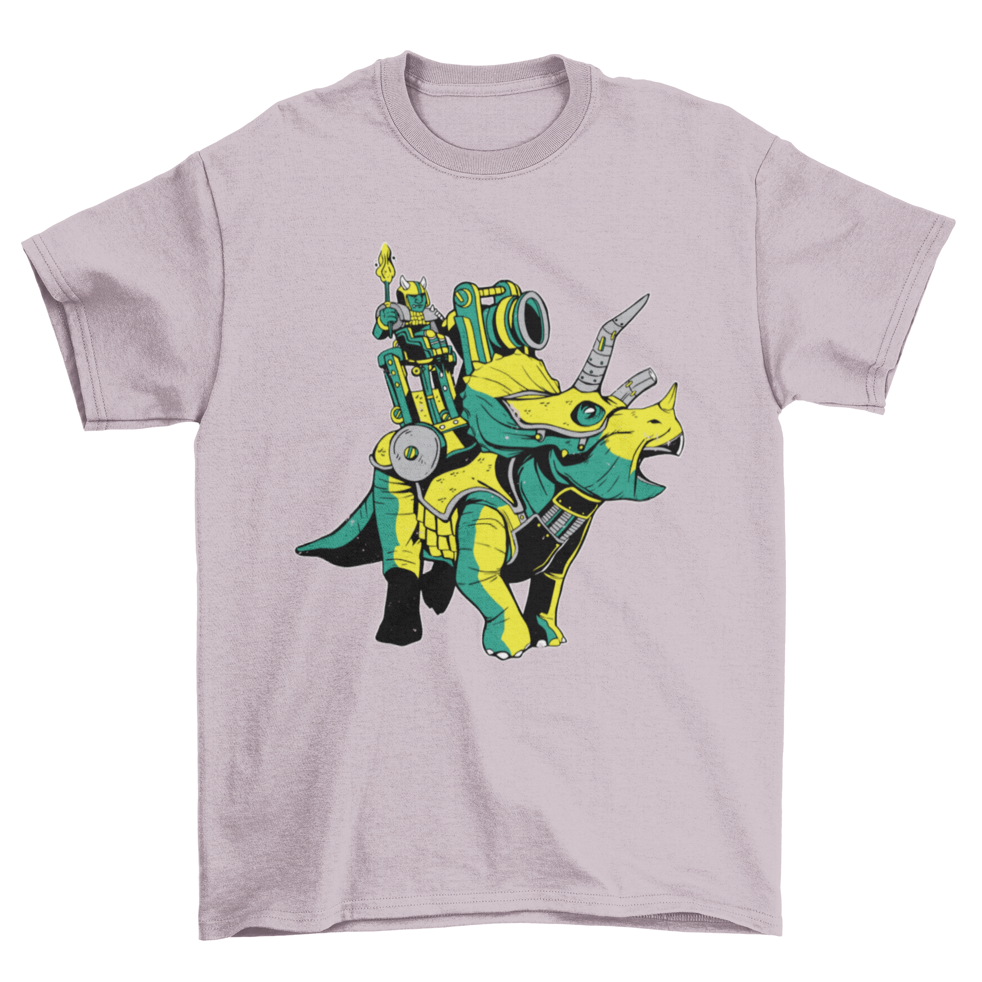 A stylish t-shirt featuring a triceratops wearing armor, showcasing a unique and eye-catching design.
