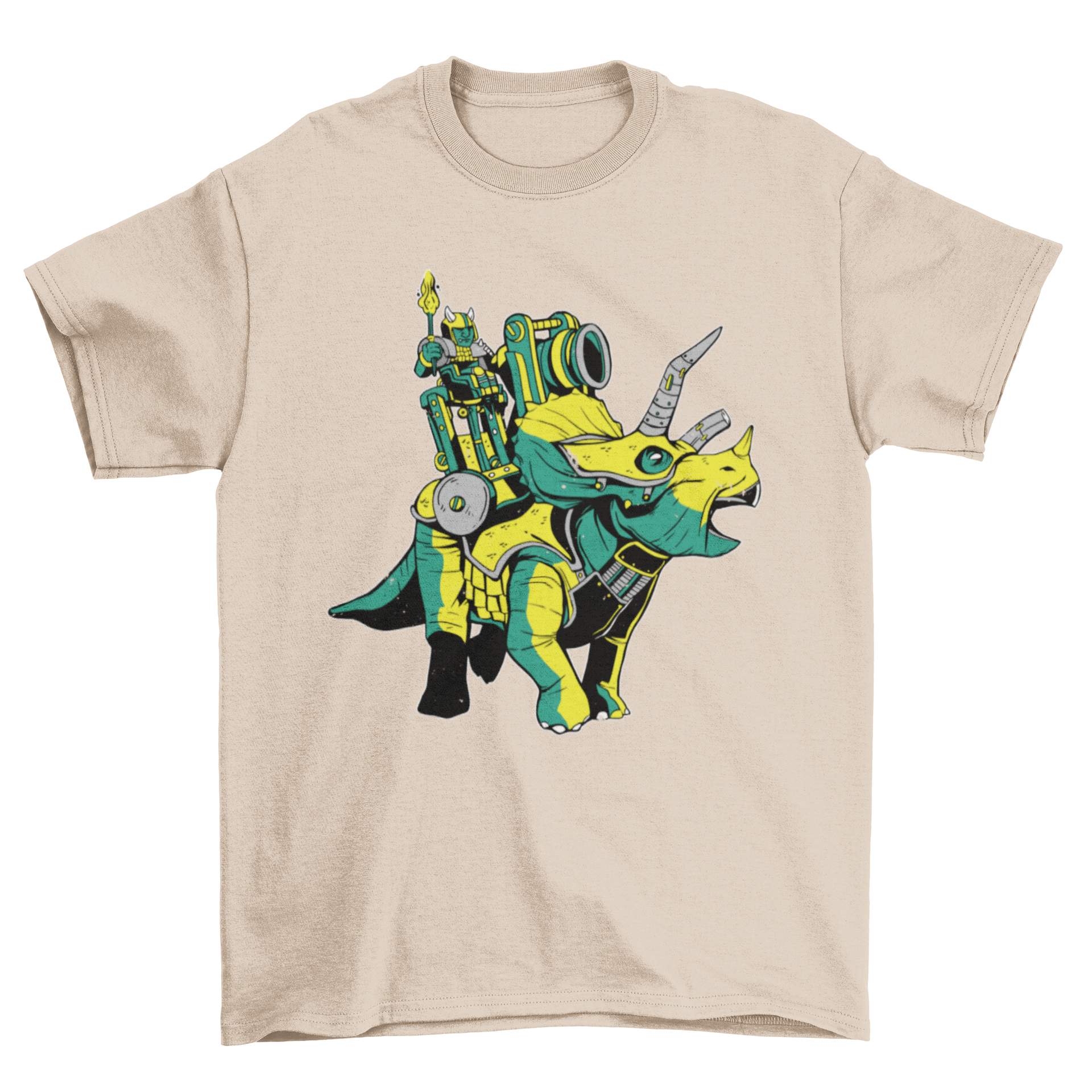A stylish t-shirt featuring a triceratops wearing armor, showcasing a unique and eye-catching design.
