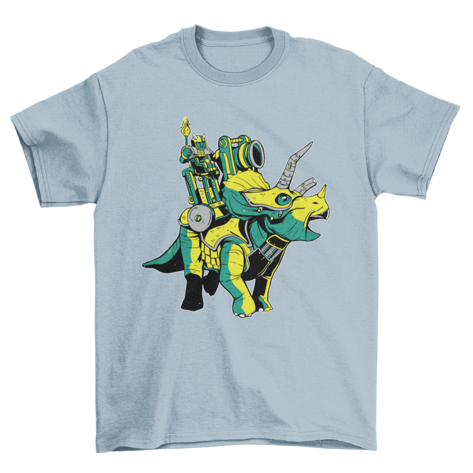 A stylish t-shirt featuring a triceratops wearing armor, showcasing a unique and eye-catching design.