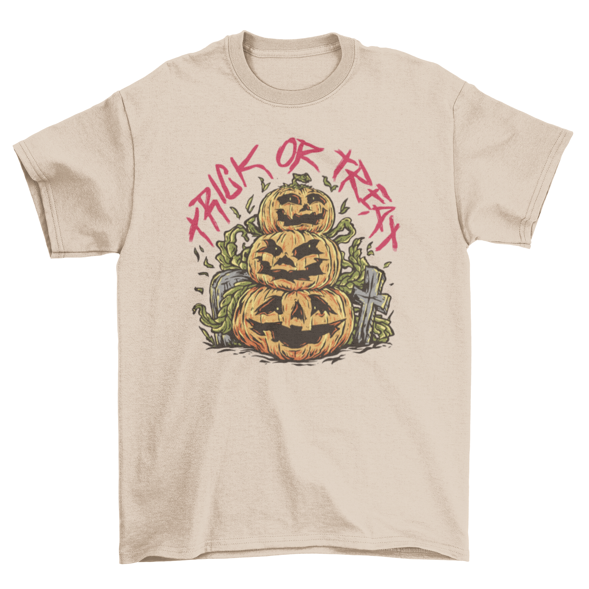 Trick or treat pumpkin t-shirt featuring three stacked jack-o'-lanterns design, perfect for Halloween celebrations.