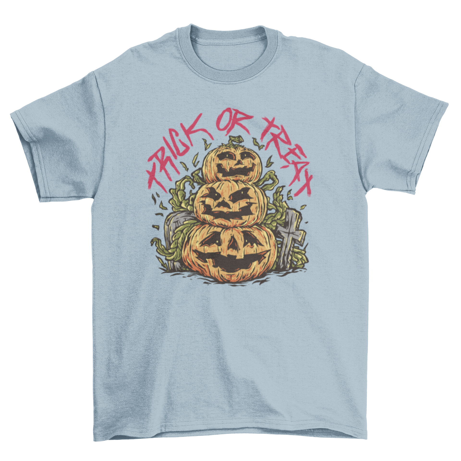 Trick or treat pumpkin t-shirt featuring three stacked jack-o'-lanterns design, perfect for Halloween celebrations.