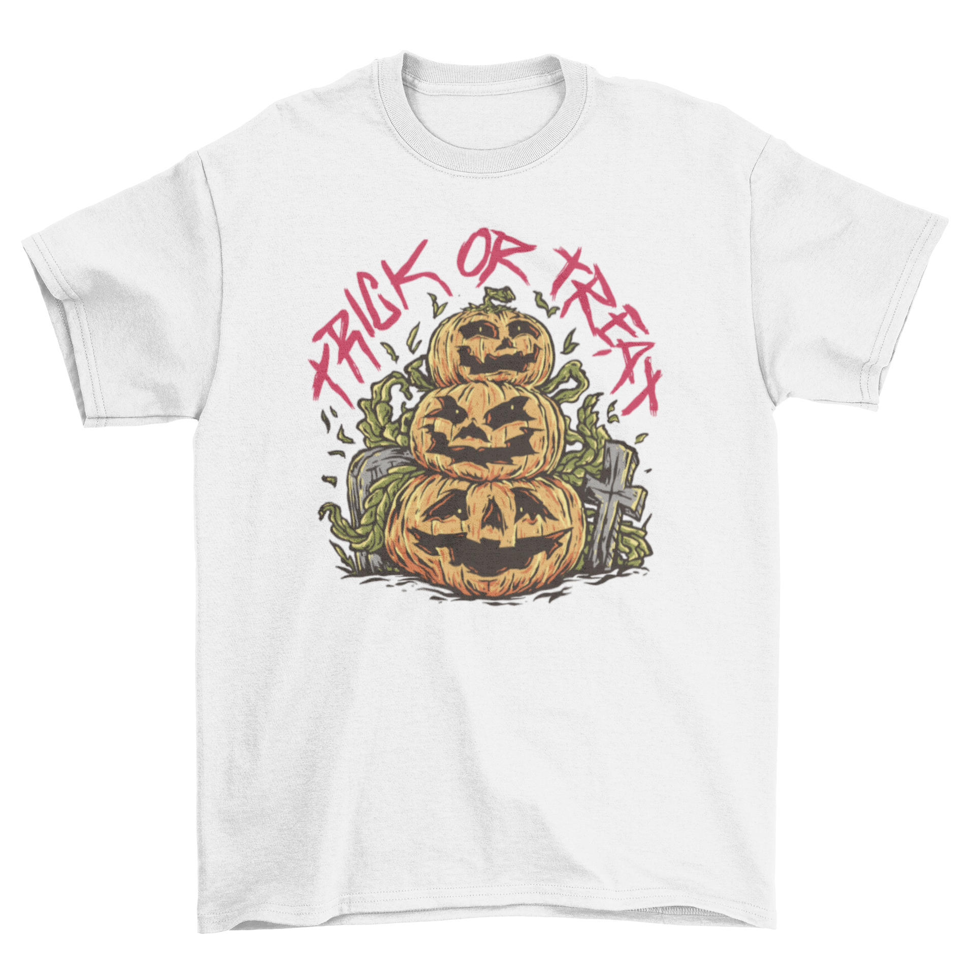 Trick or treat pumpkin t-shirt featuring three stacked jack-o'-lanterns design, perfect for Halloween celebrations.