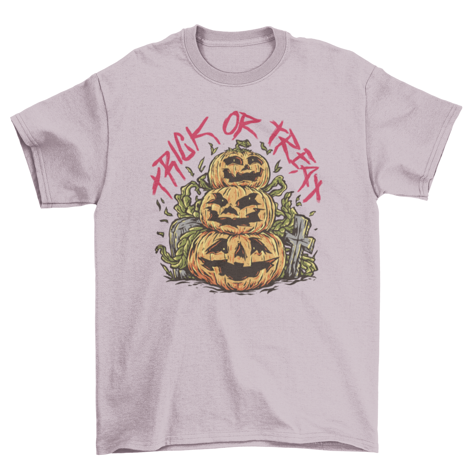 Trick or treat pumpkin t-shirt featuring three stacked jack-o'-lanterns design, perfect for Halloween celebrations.