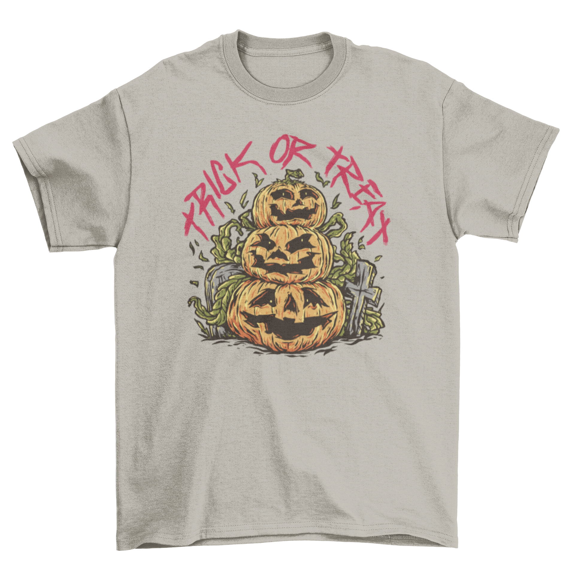 Trick or treat pumpkin t-shirt featuring three stacked jack-o'-lanterns design, perfect for Halloween celebrations.