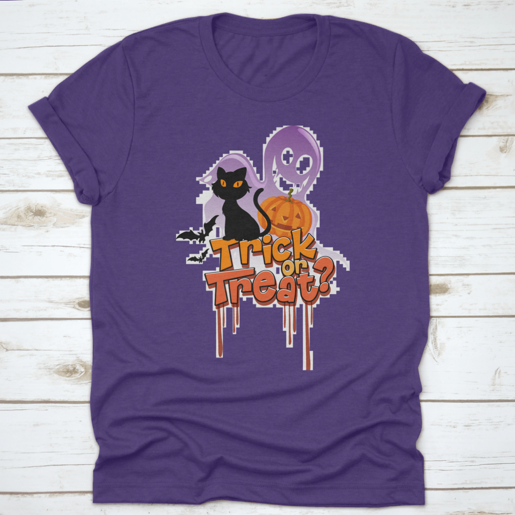 Trick Or Treat Word T-shirt featuring a Halloween cat logo illustration, perfect for festive celebrations.