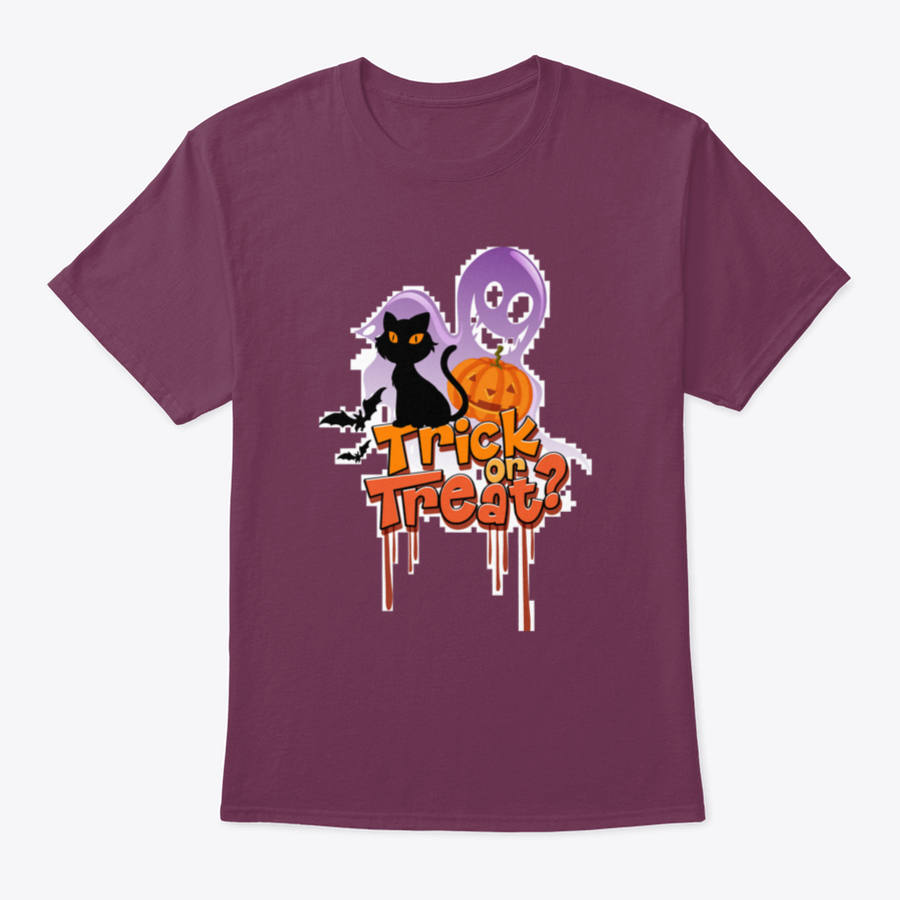 Trick Or Treat Word T-shirt featuring a Halloween cat logo illustration, perfect for festive celebrations.