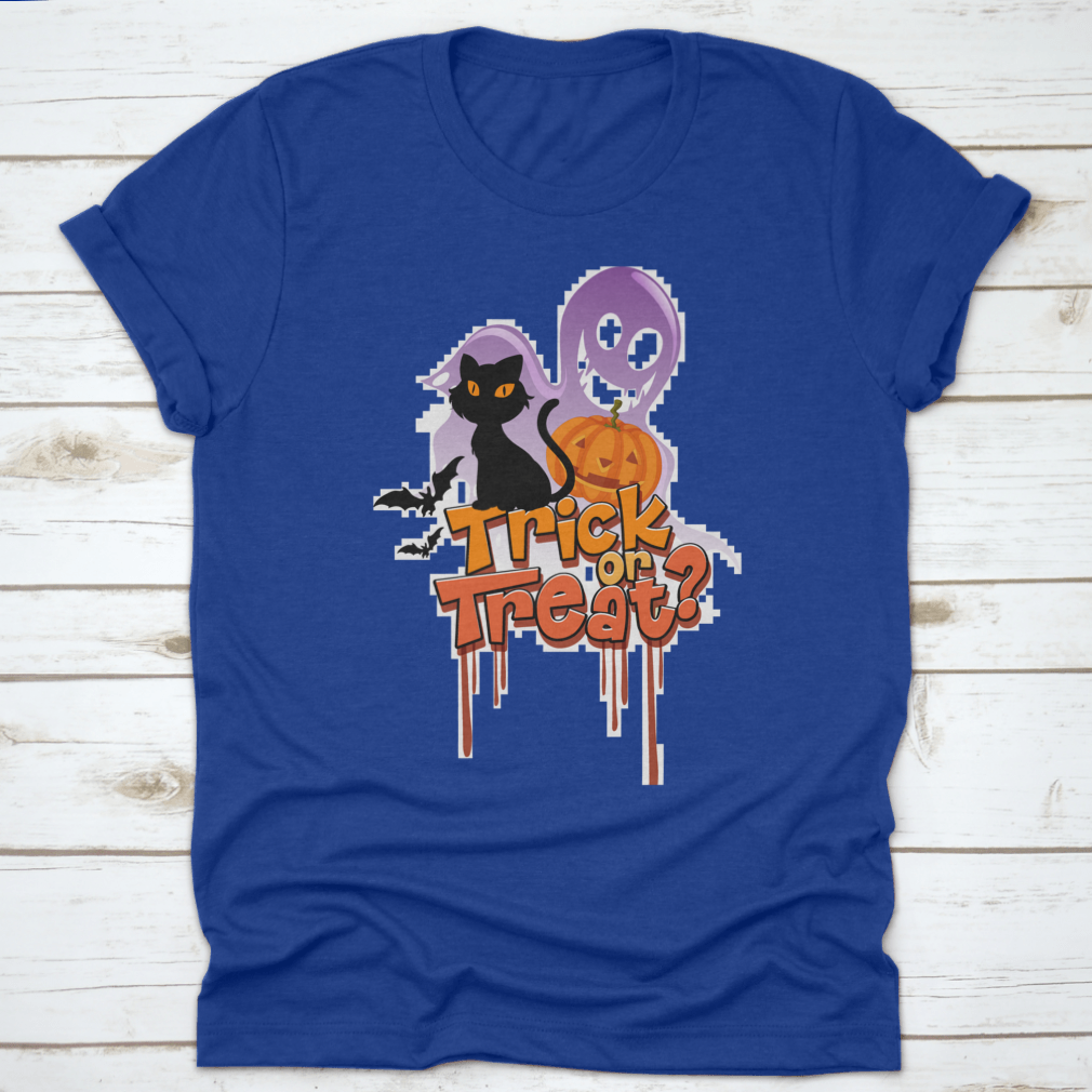 Trick Or Treat Word T-shirt featuring a Halloween cat logo illustration, perfect for festive celebrations.