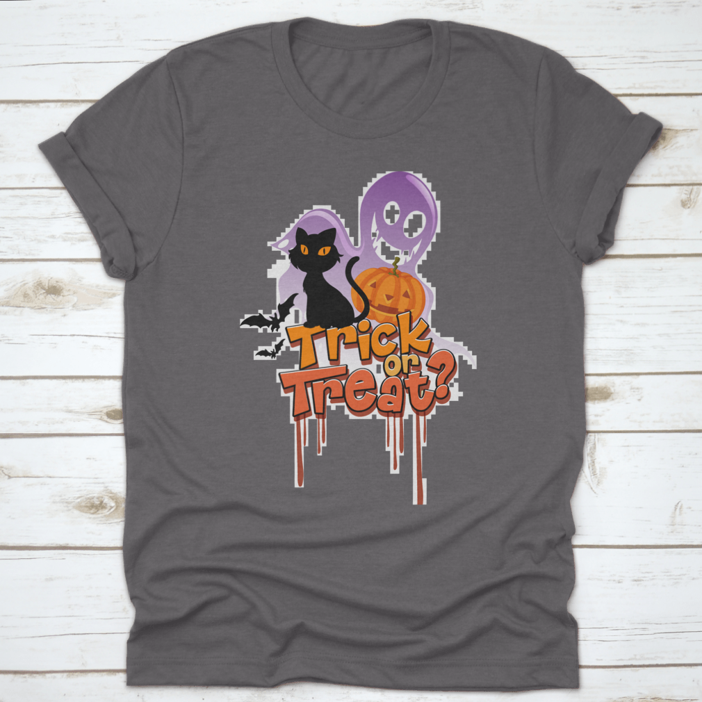 Trick Or Treat Word T-shirt featuring a Halloween cat logo illustration, perfect for festive celebrations.