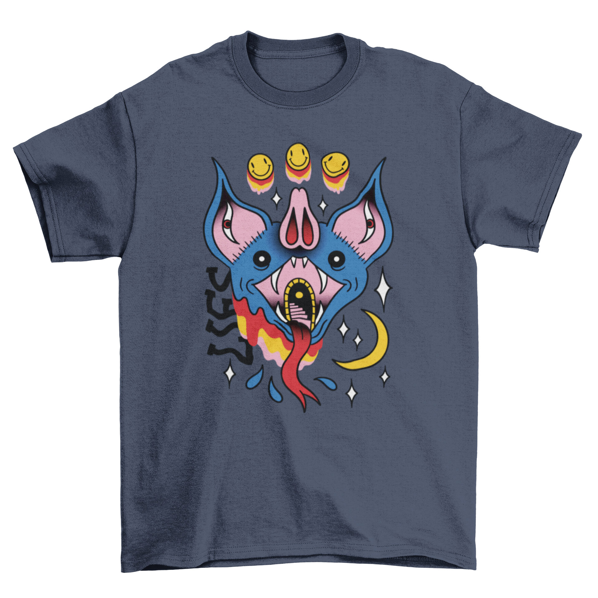 A colorful surreal bat face t-shirt design featuring a portal inside its mouth in psychedelic style.