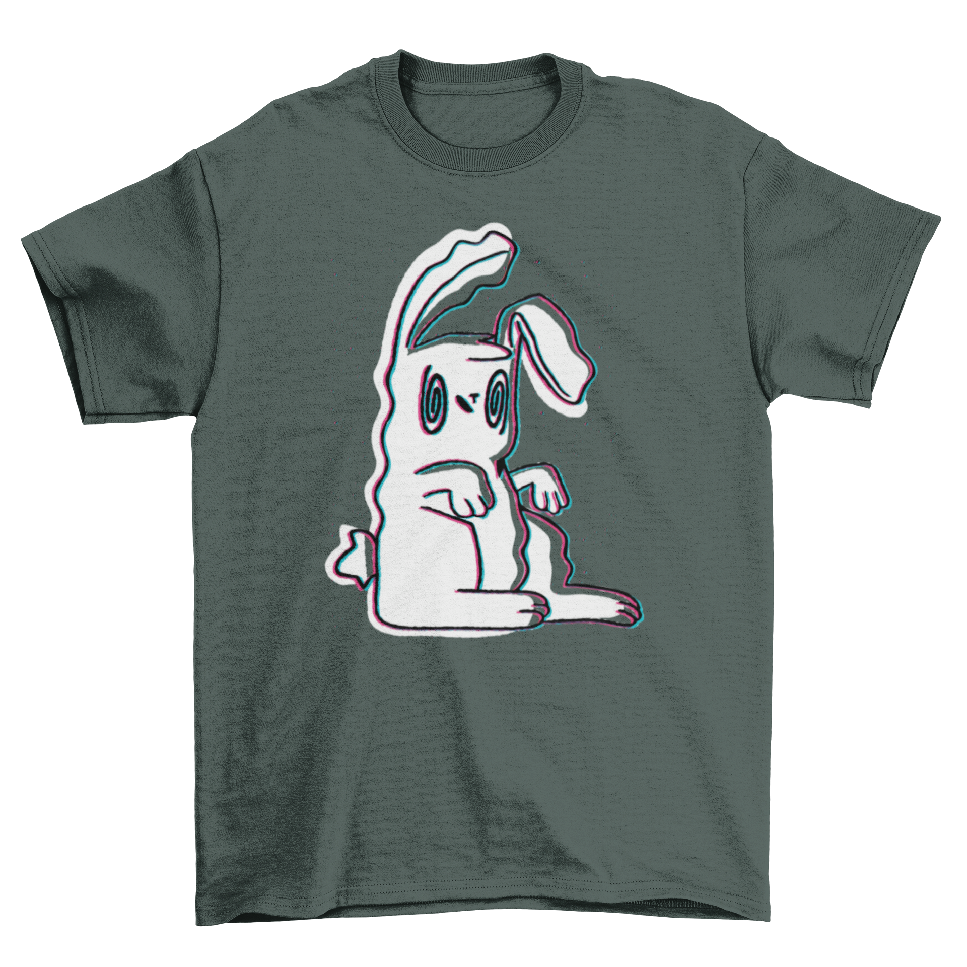 A vibrant t-shirt featuring a colorful trippy bunny illustration, perfect for casual wear.