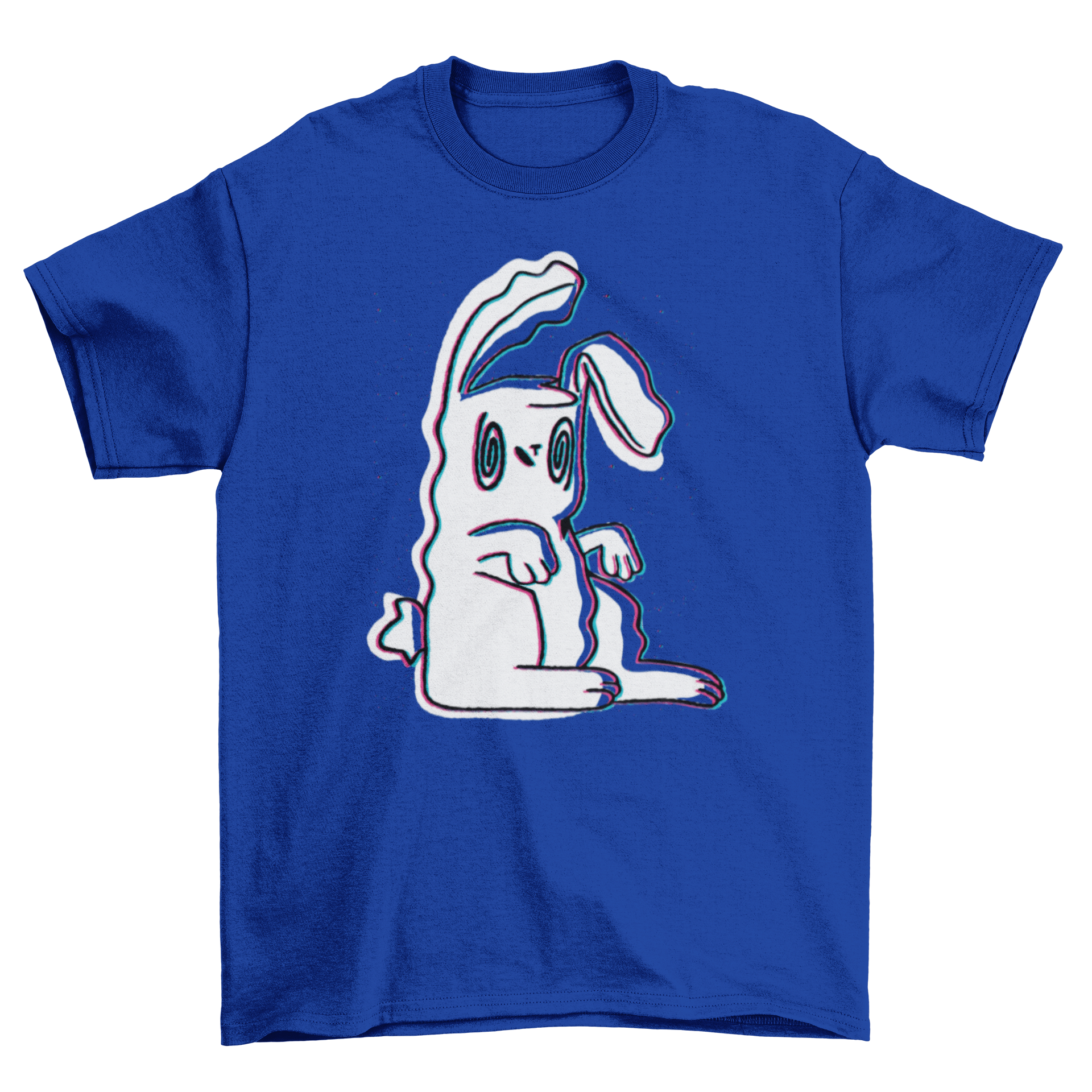 A vibrant t-shirt featuring a colorful trippy bunny illustration, perfect for casual wear.