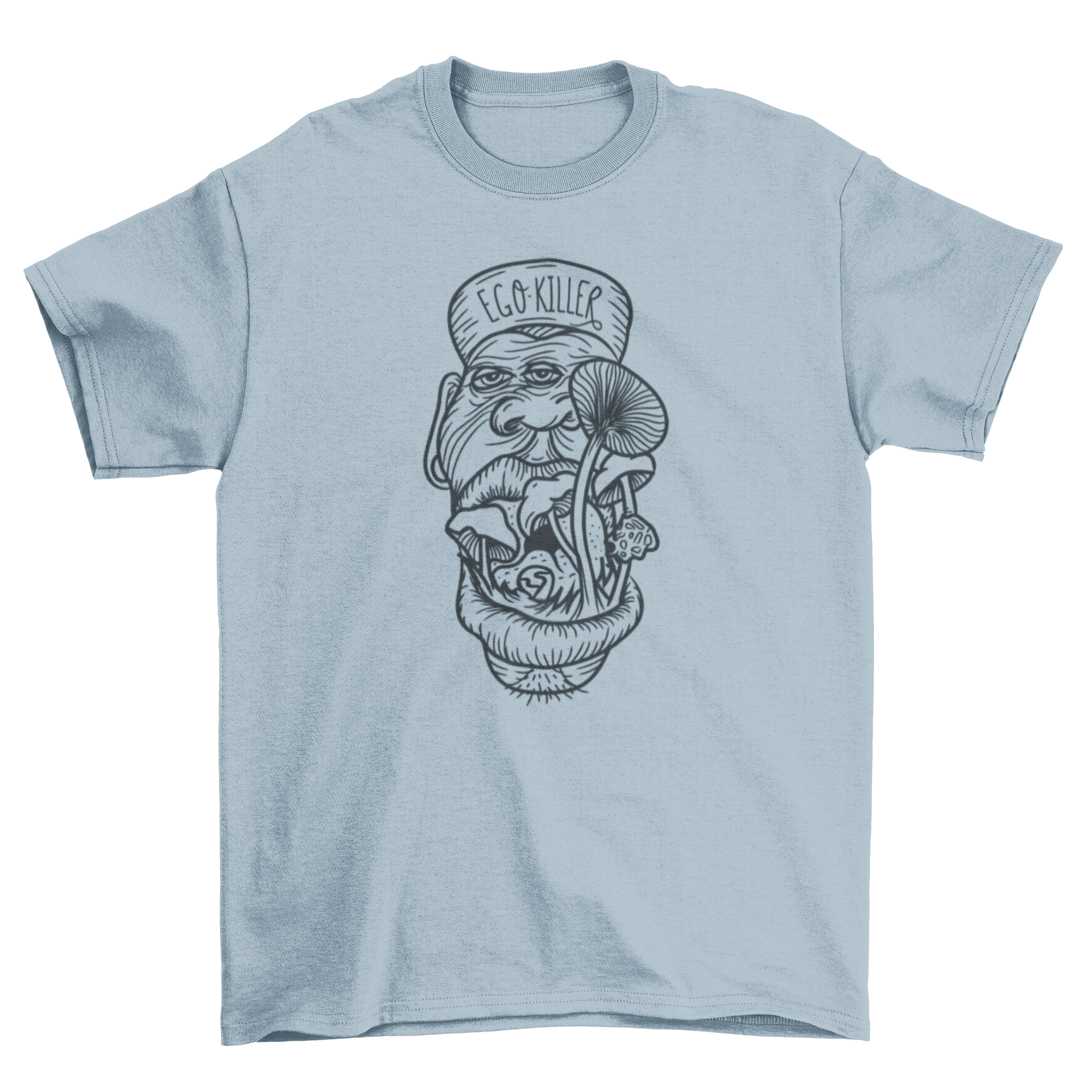 Trippy Ego Killer Mushroom T-Shirt featuring a three-eyed man with mushrooms and the quote 'Ego Killer'.
