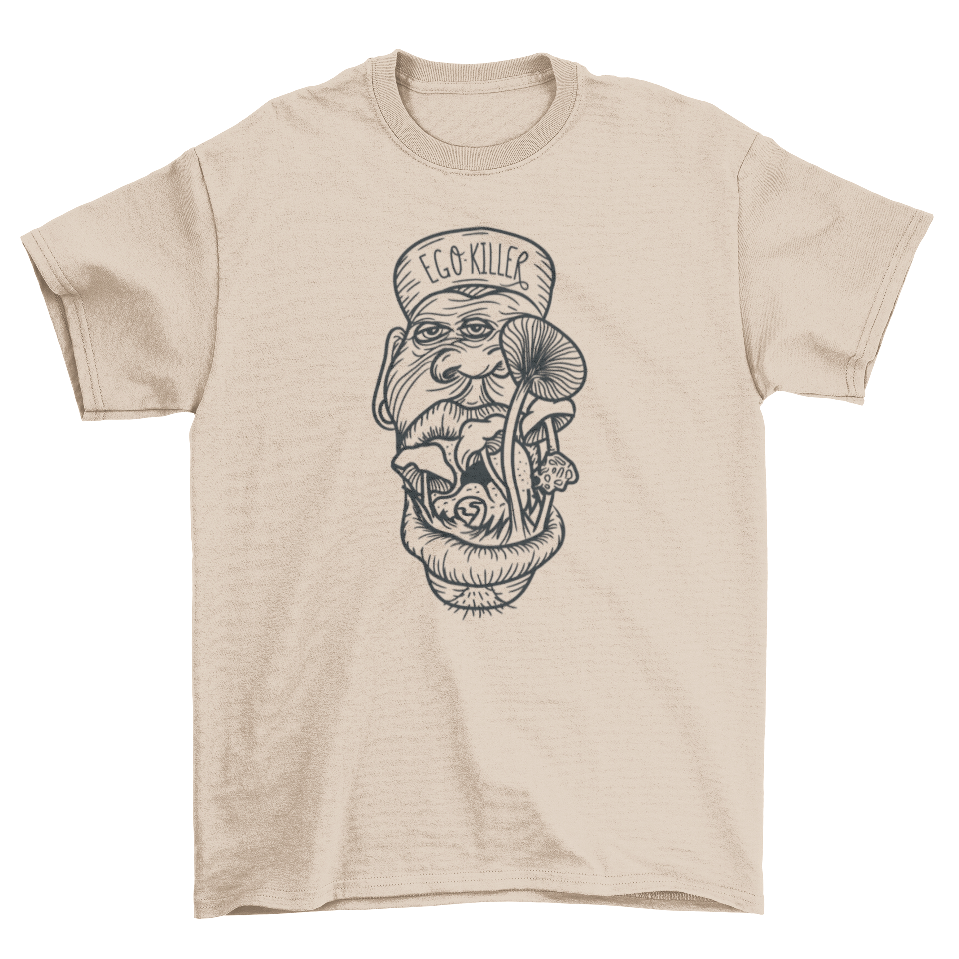 Trippy Ego Killer Mushroom T-Shirt featuring a three-eyed man with mushrooms and the quote 'Ego Killer'.