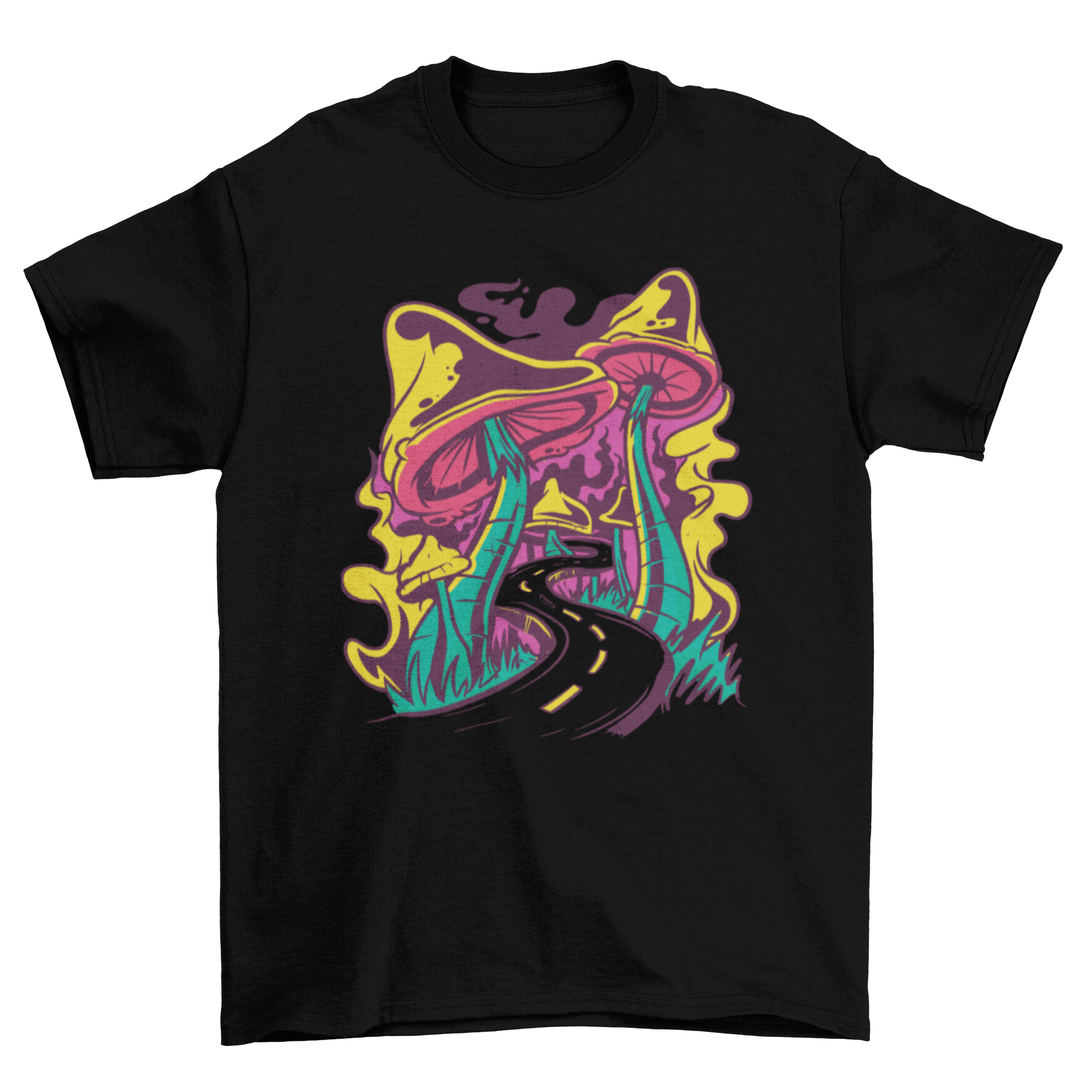 A vibrant t-shirt featuring a whimsical design of a road lined with giant, colorful trippy mushrooms.