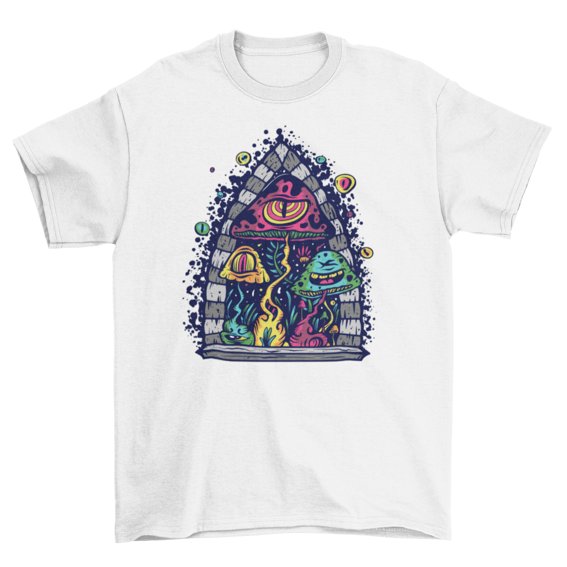 A vibrant t-shirt featuring three psychedelic mushrooms in colorful designs, perfect for casual wear.