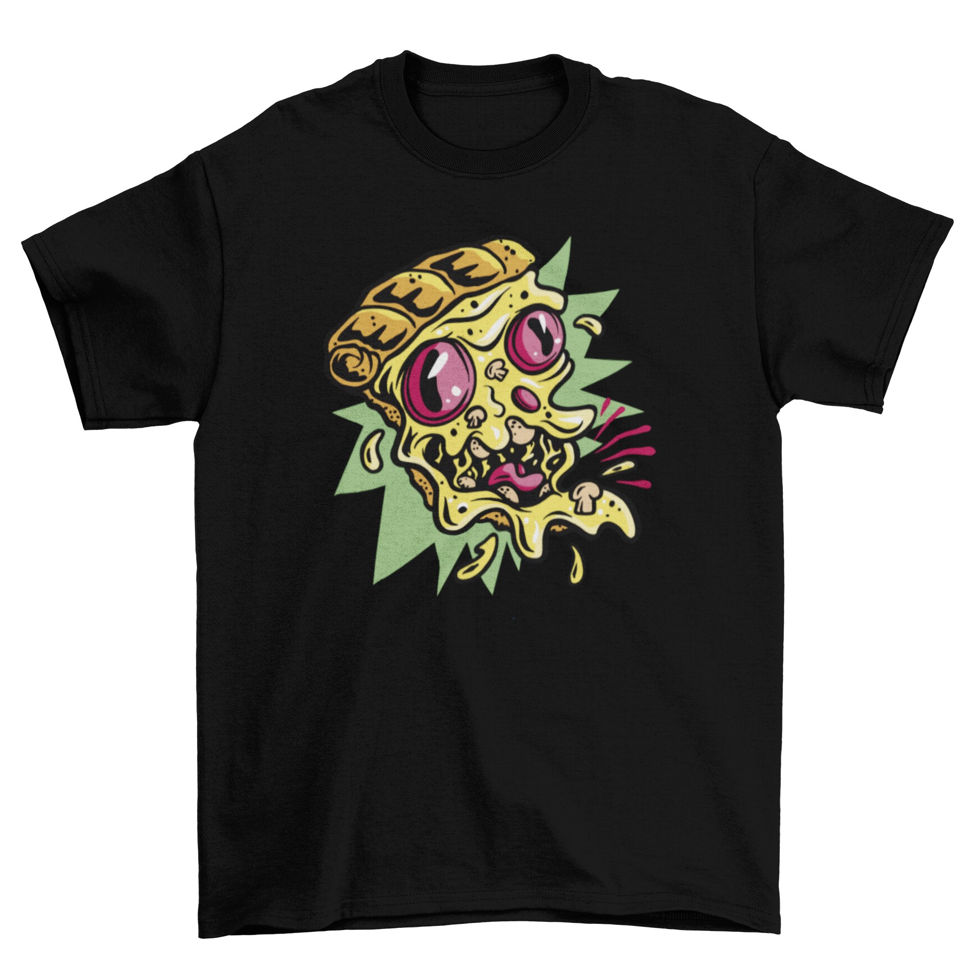 A colorful trippy pizza character t-shirt featuring a whimsical pizza design, perfect for casual wear.