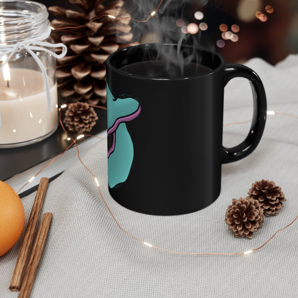 Troffle Black mug 11oz, featuring a sleek black ceramic design with rounded corners and a comfortable C-handle.