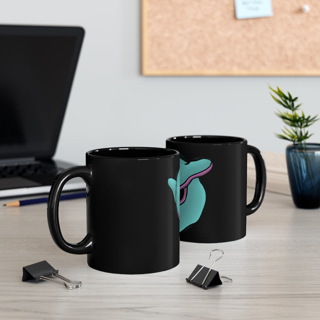 Troffle Black mug 11oz, featuring a sleek black ceramic design with rounded corners and a comfortable C-handle.