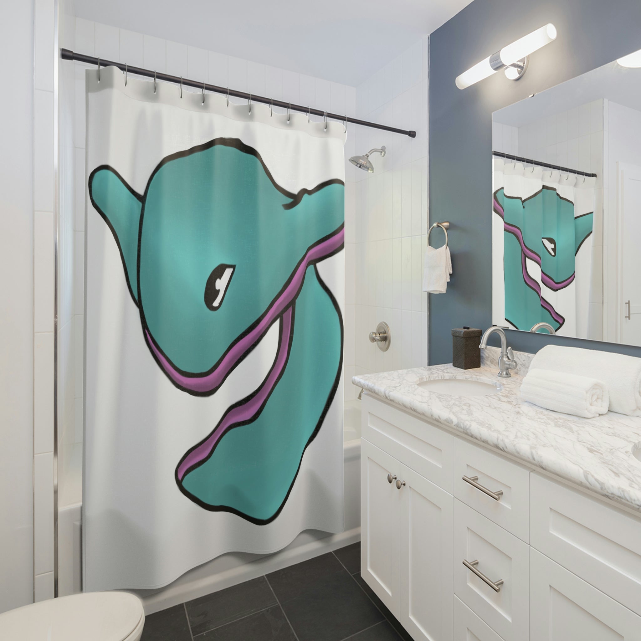 Troffle Shower Curtain featuring vibrant custom designs, made of durable polyester, hanging in a stylish bathroom setting.