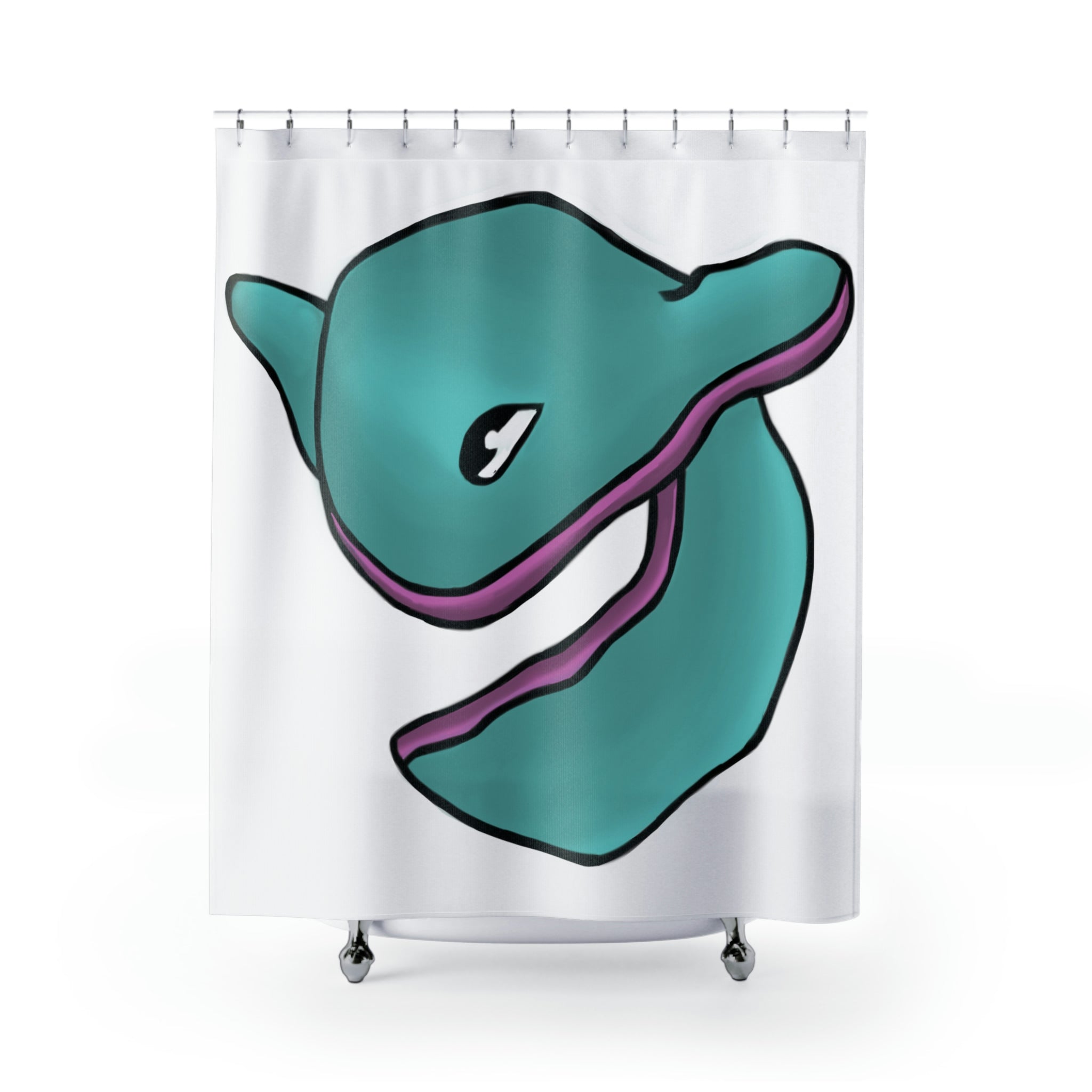 Troffle Shower Curtain featuring vibrant custom designs, made of durable polyester, hanging in a stylish bathroom setting.