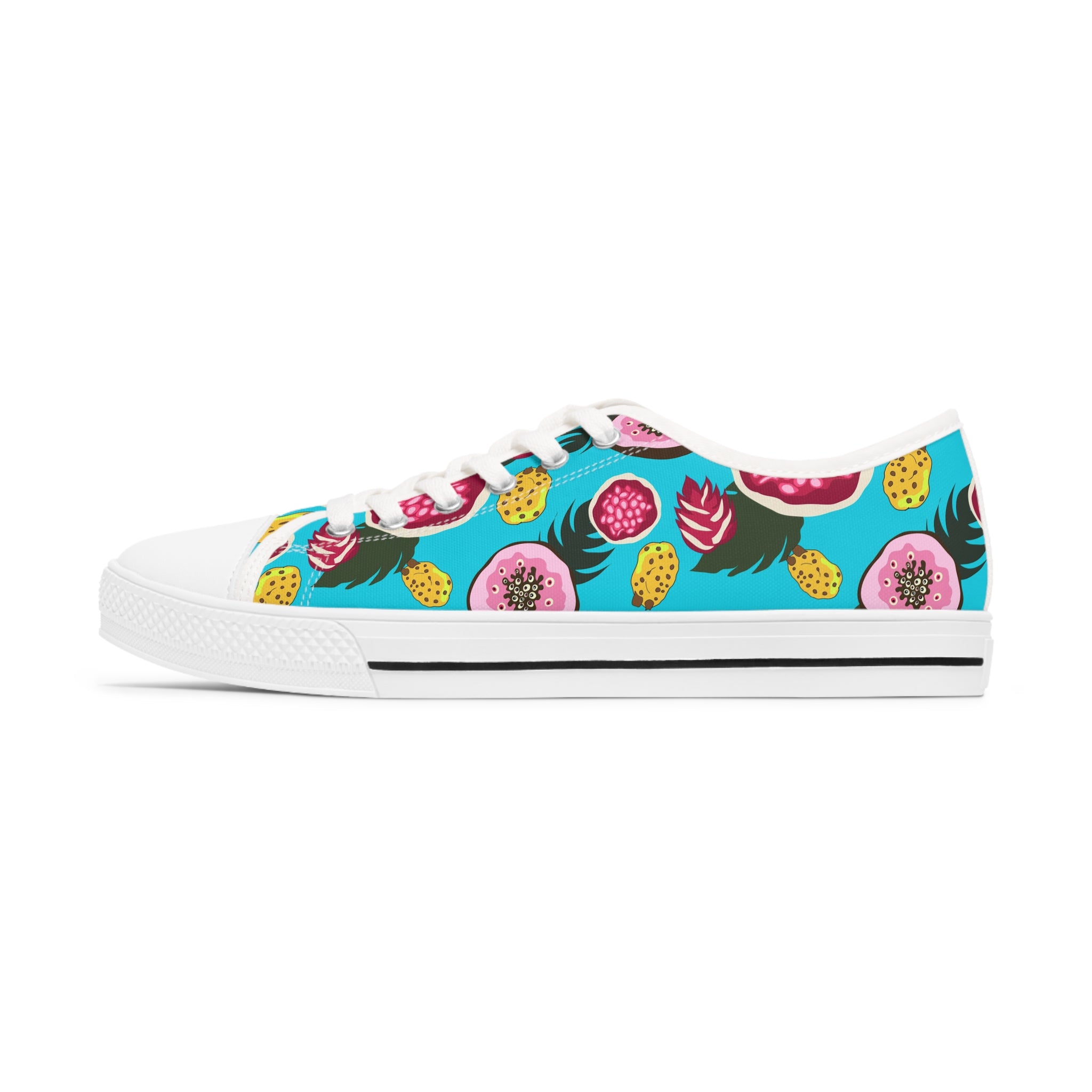 A pair of Tropical Fruit Women's Low Top Sneakers featuring a vibrant design, breathable canvas, and comfortable memory foam insoles.