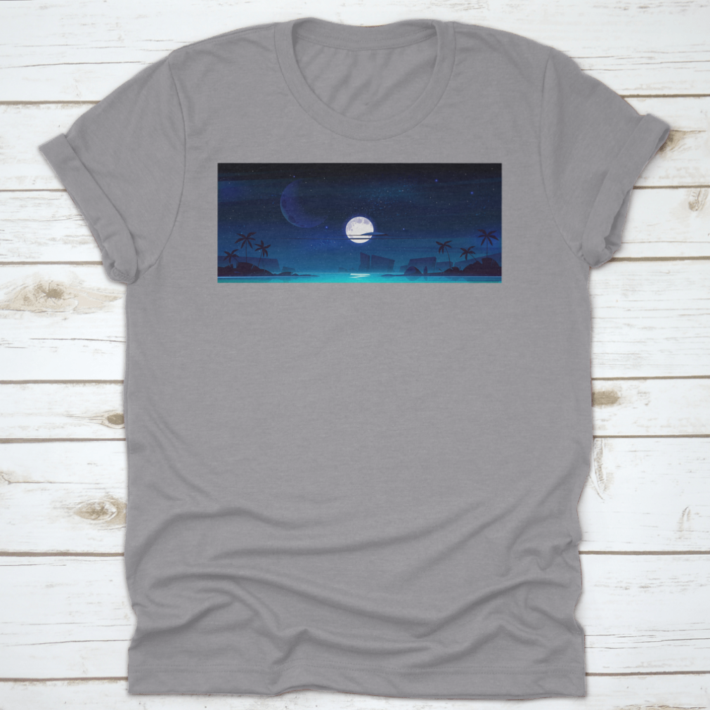 A beautiful illustration of a tropical landscape at night featuring a serene sea bay, showcasing vibrant colors and intricate details.