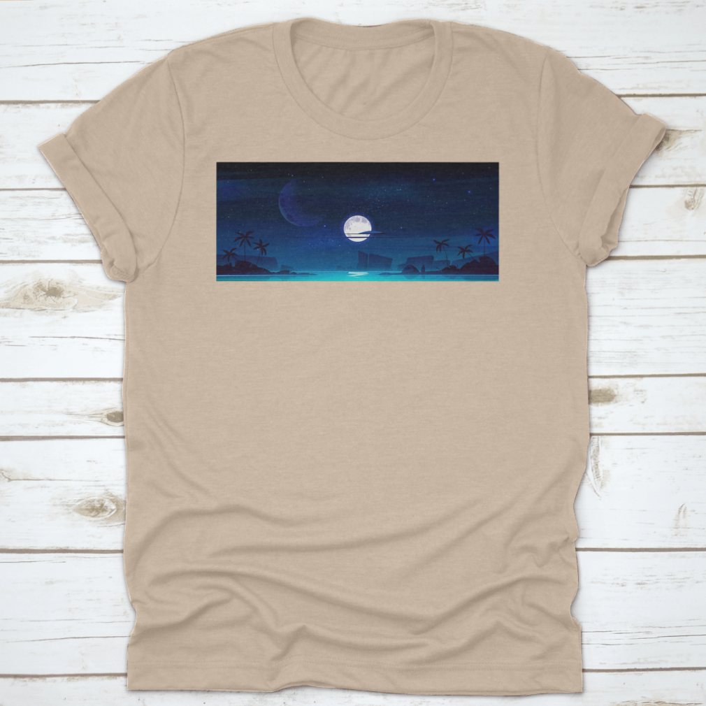 A beautiful illustration of a tropical landscape at night featuring a serene sea bay, showcasing vibrant colors and intricate details.