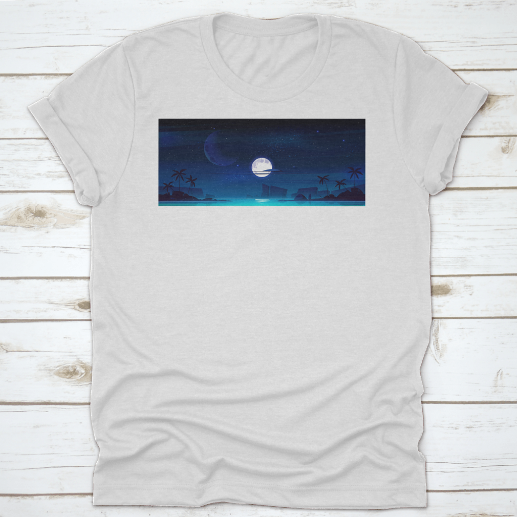 A beautiful illustration of a tropical landscape at night featuring a serene sea bay, showcasing vibrant colors and intricate details.