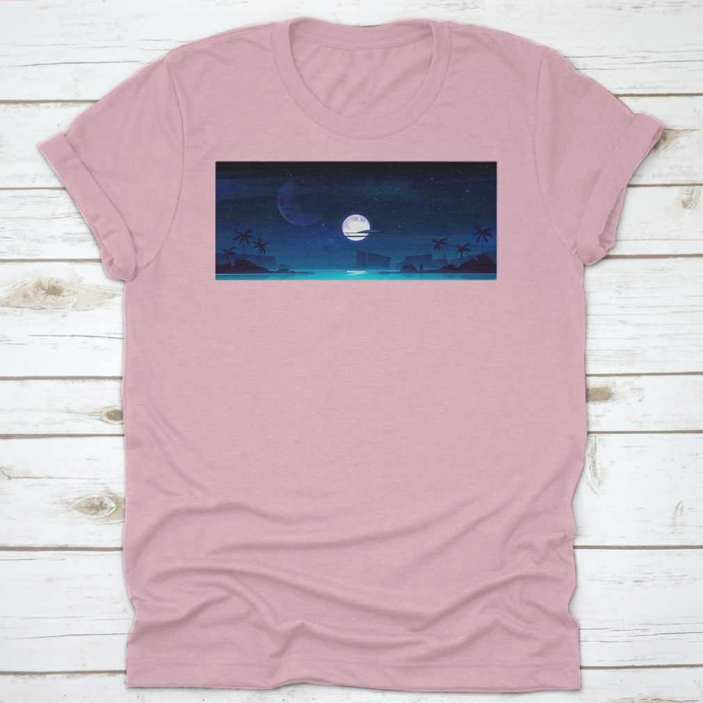 A beautiful illustration of a tropical landscape at night featuring a serene sea bay, showcasing vibrant colors and intricate details.