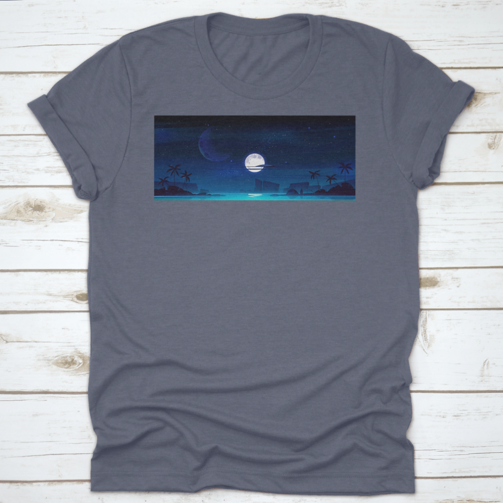 A beautiful illustration of a tropical landscape at night featuring a serene sea bay, showcasing vibrant colors and intricate details.