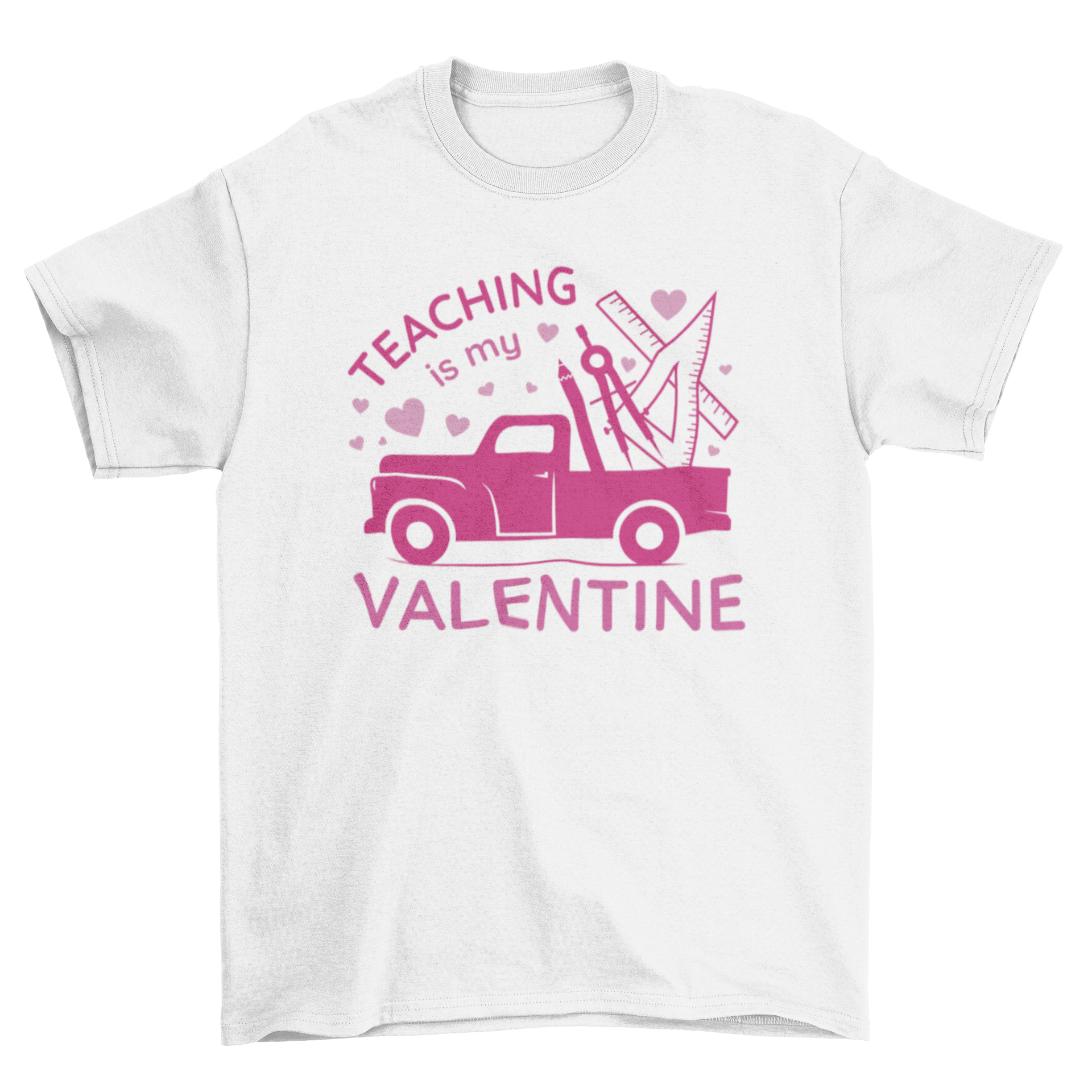 A stylish t-shirt featuring a pickup truck loaded with colorful school supplies and the quote 'Teaching is my valentine'.