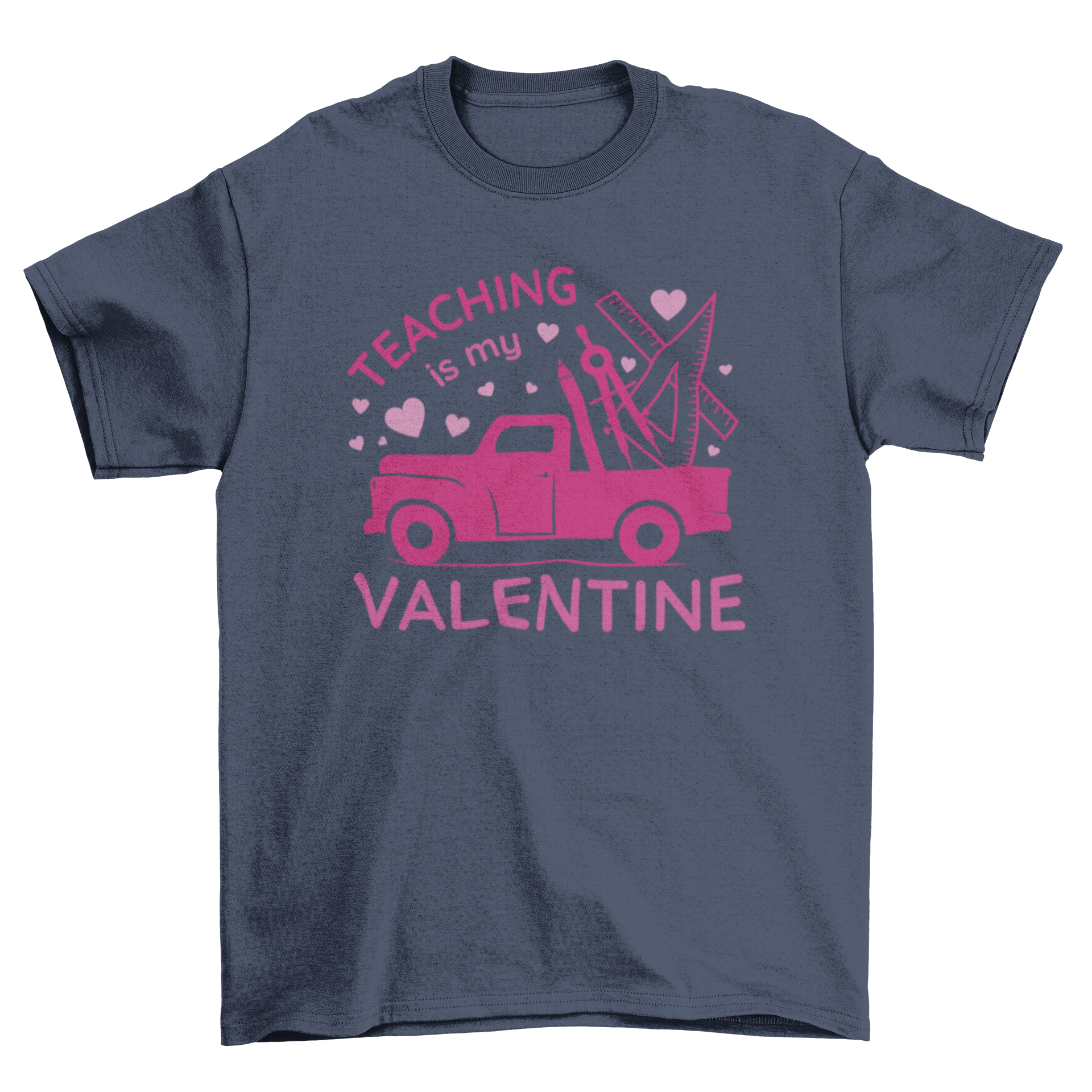 A stylish t-shirt featuring a pickup truck loaded with colorful school supplies and the quote 'Teaching is my valentine'.