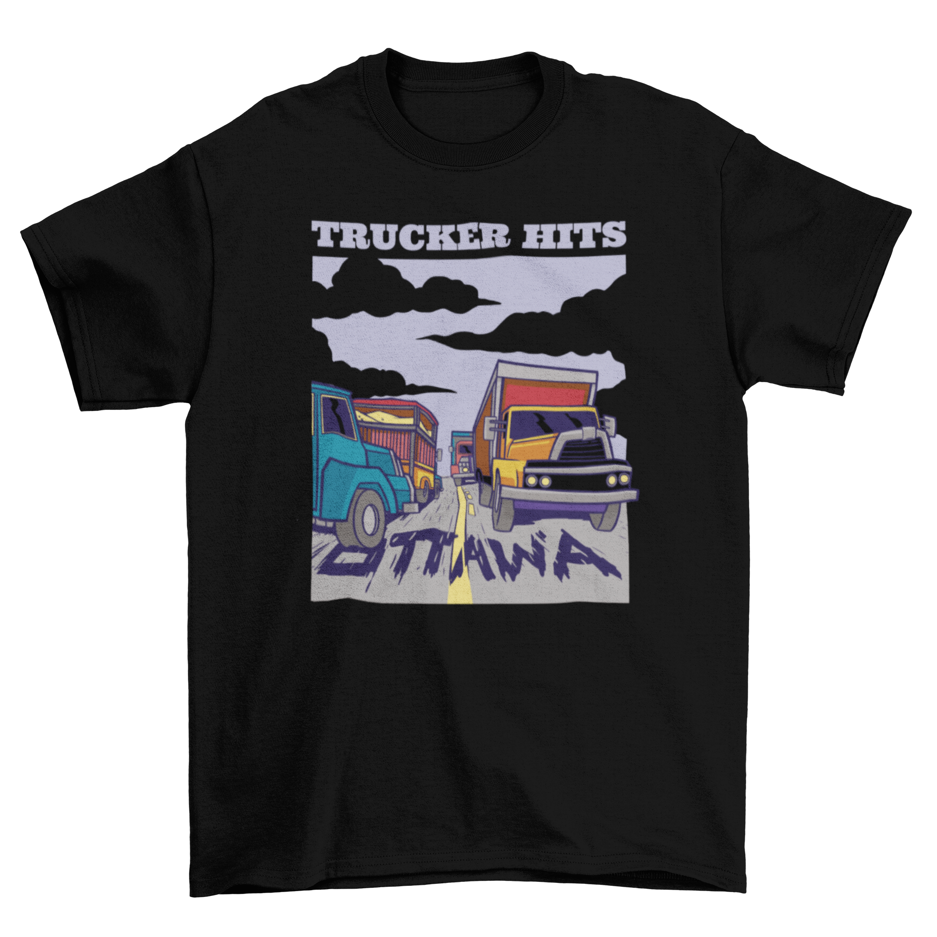 Trucks and cars on a highway t-shirt design featuring the quote 'Trucker hits Ottawa'.