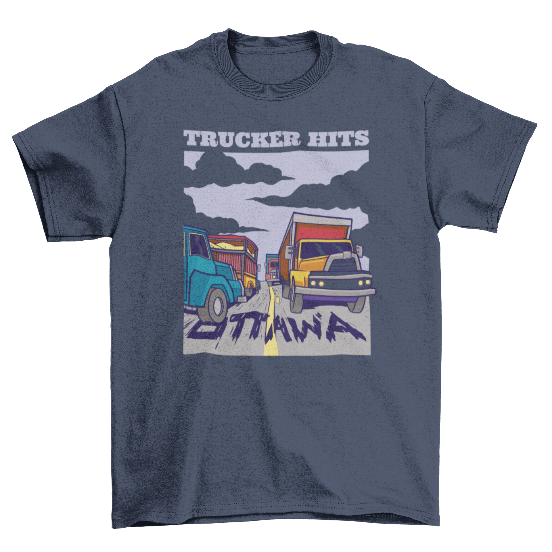 Trucks and cars on a highway t-shirt design featuring the quote 'Trucker hits Ottawa'.