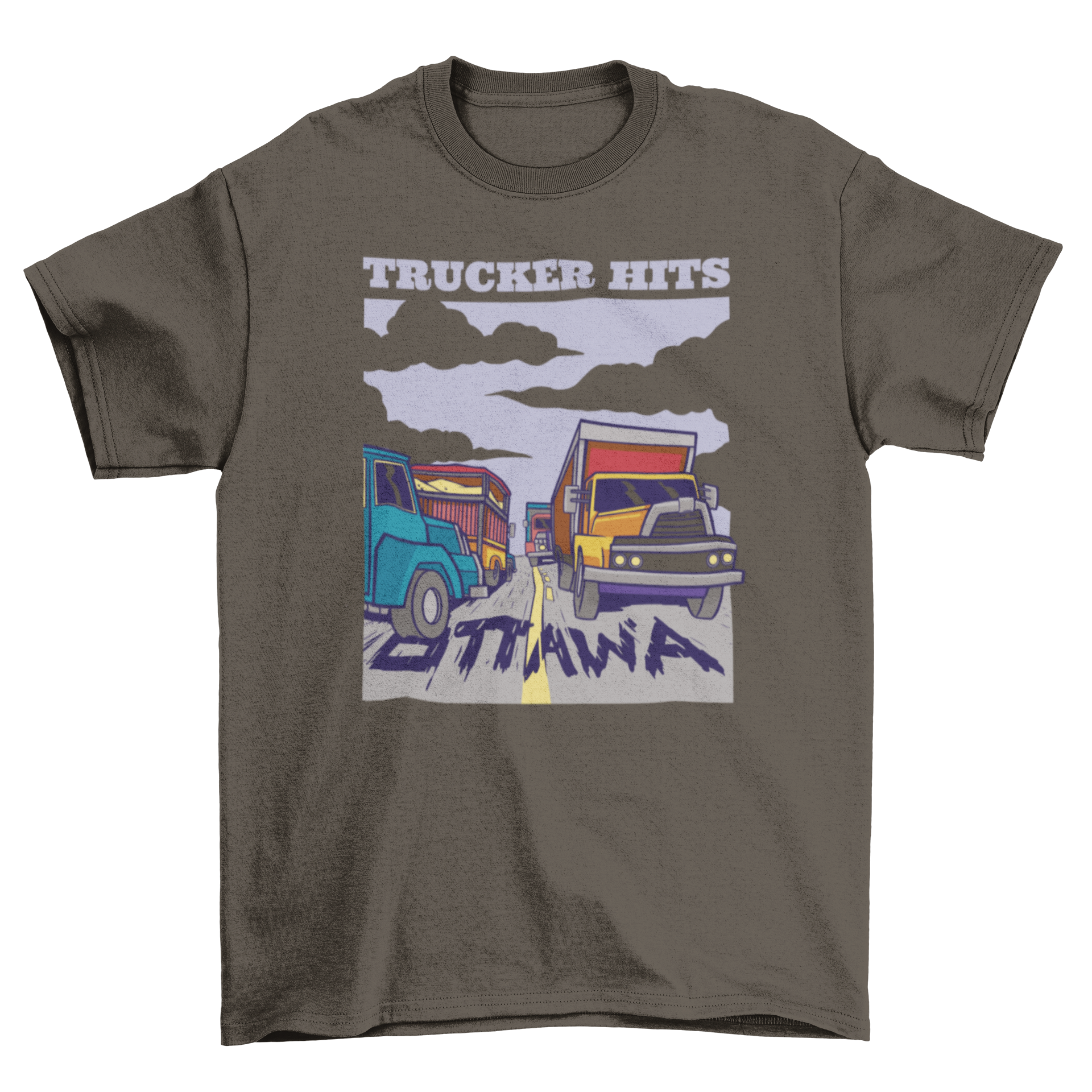 Trucks and cars on a highway t-shirt design featuring the quote 'Trucker hits Ottawa'.