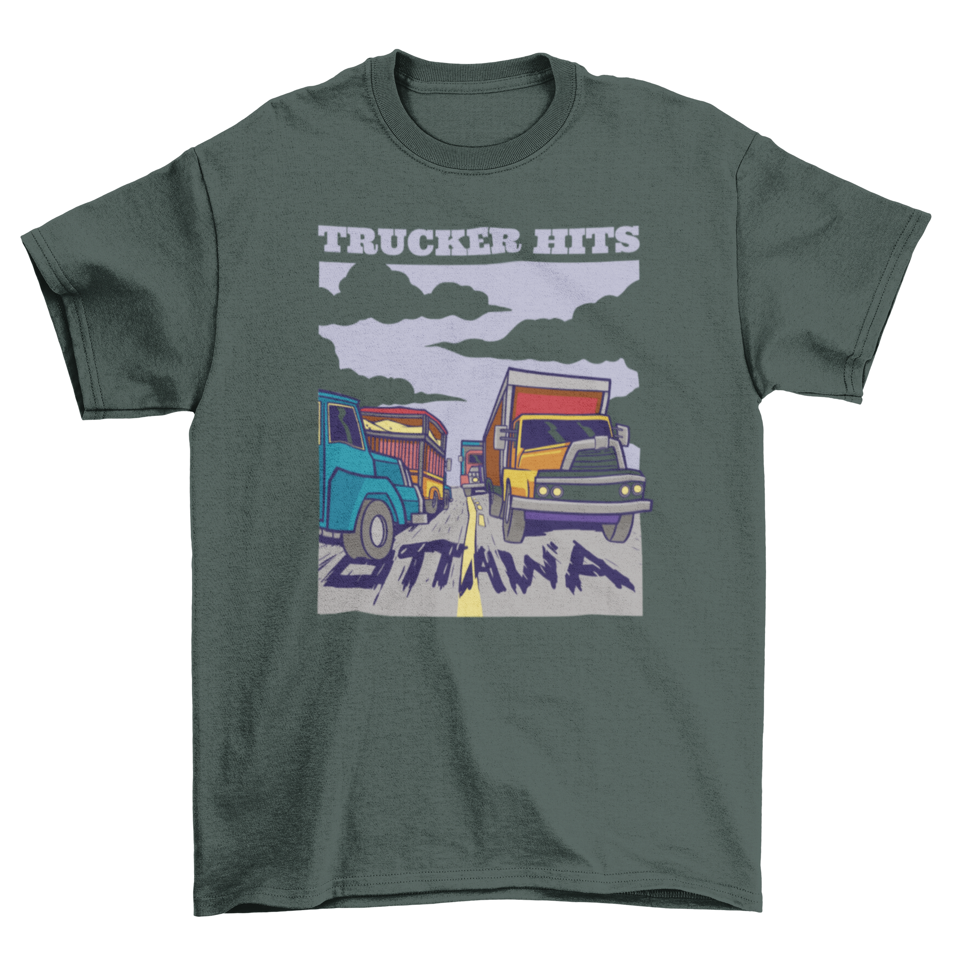 Trucks and cars on a highway t-shirt design featuring the quote 'Trucker hits Ottawa'.